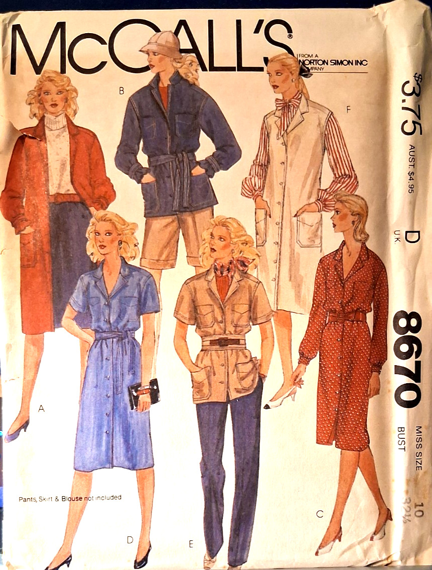 MCCall\'s 8670 Coat-Dress, Shirt-Jacket, Dress or Jumper Size 10 Uncut FF