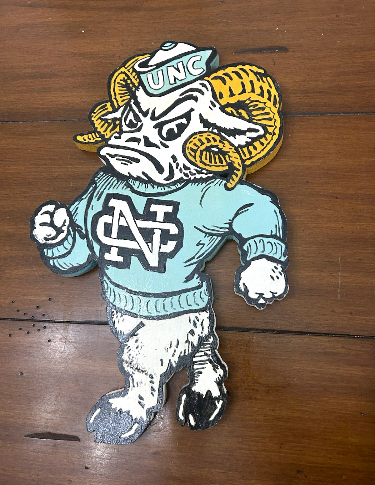 UNC Tar Heels Rameses Ram Old Logo Style Hand Painted Wood Wall Decor