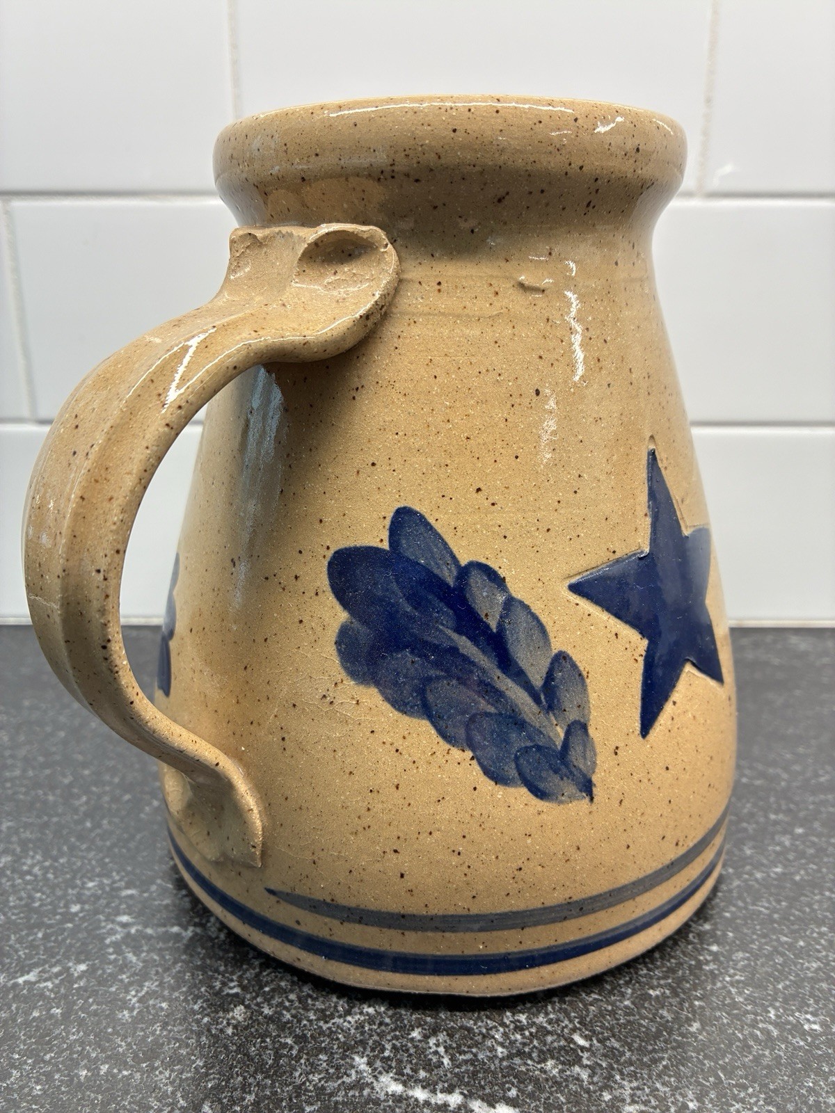 Pottery Pitcher Americana Blue Star Speckled Salt Glaze Signed 1990’s Country