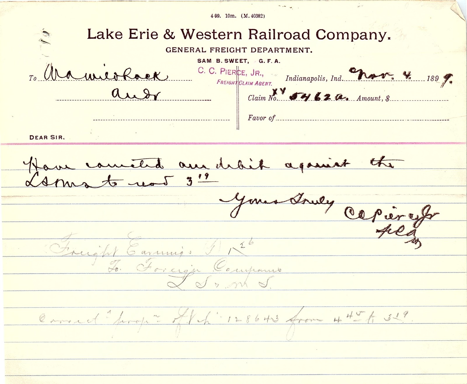 1899 Lake Erie & Western Railroad Freight Claim Billhead