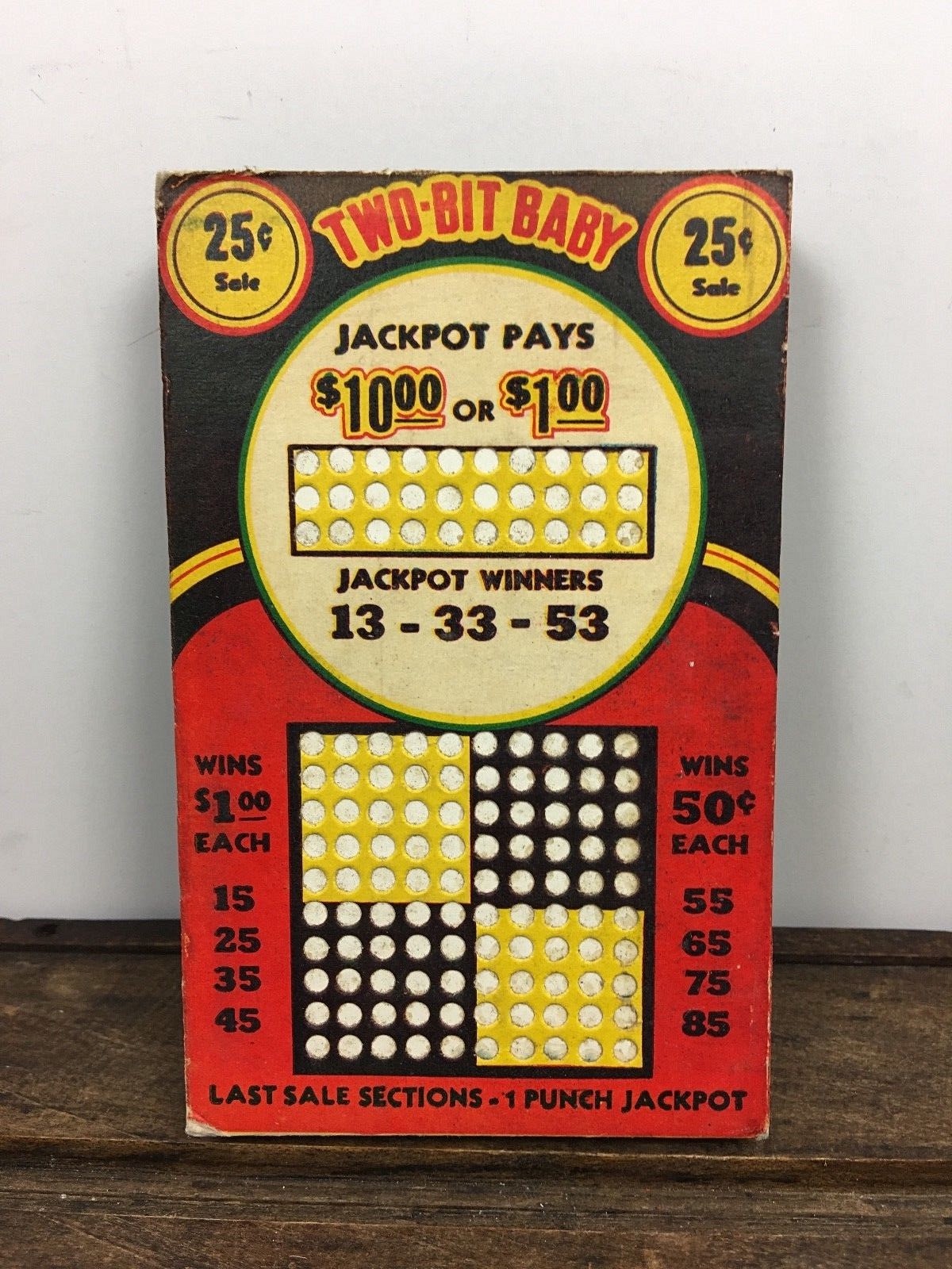 Vintage Two Bit Baby 25¢ Sale Gambling Lotto 100 Hole Punch Board Yellow