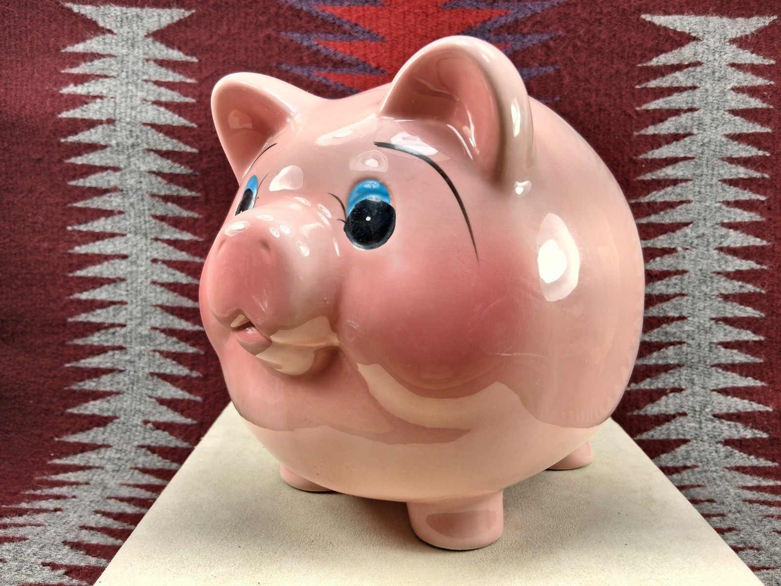 Large Mid Century Vintage Ceramic Piggy Bank Fat Belly Curly Tail Pink PIG 7 X 8