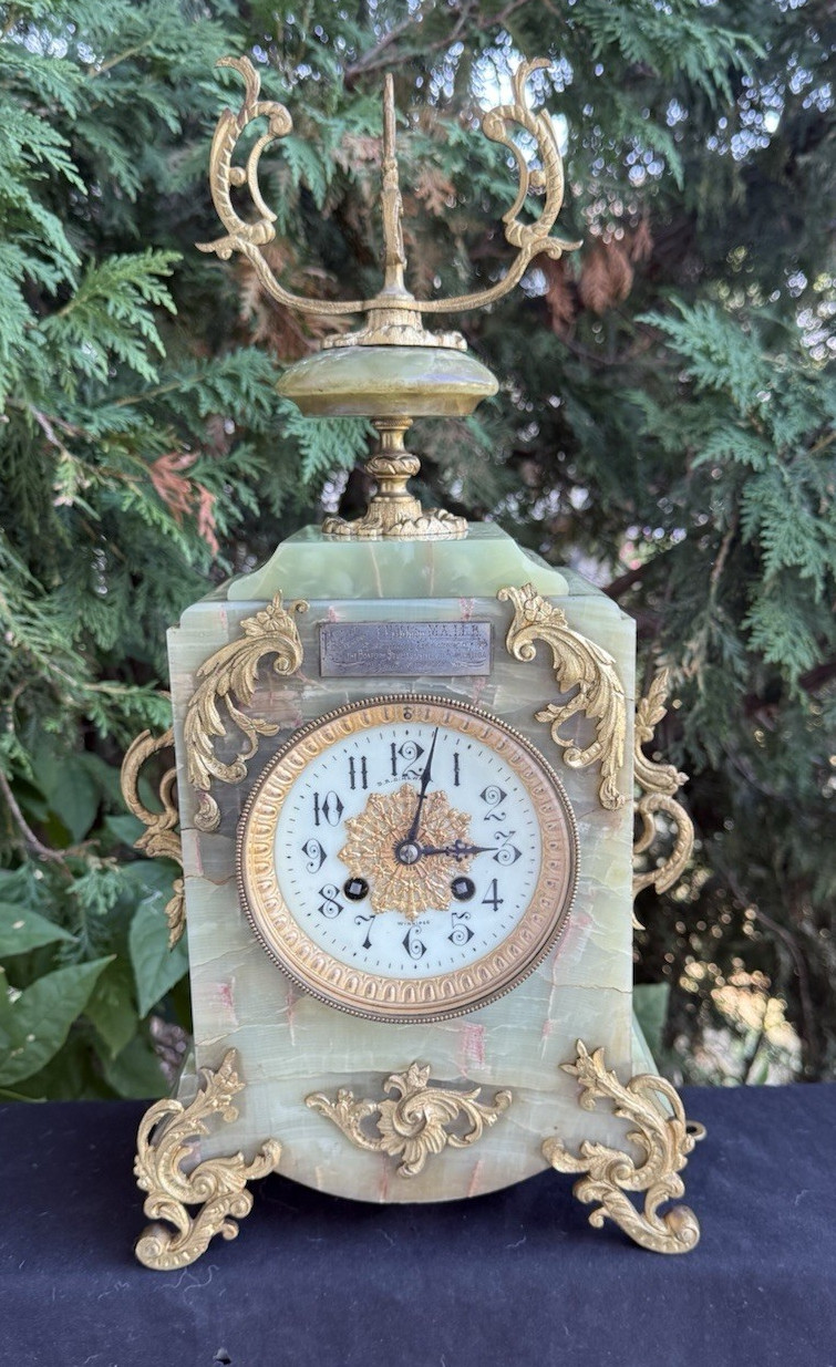 Antique C 1860 Jean Vincenti French GREEN ONYX Mantle Clock - SEE VIDEO
