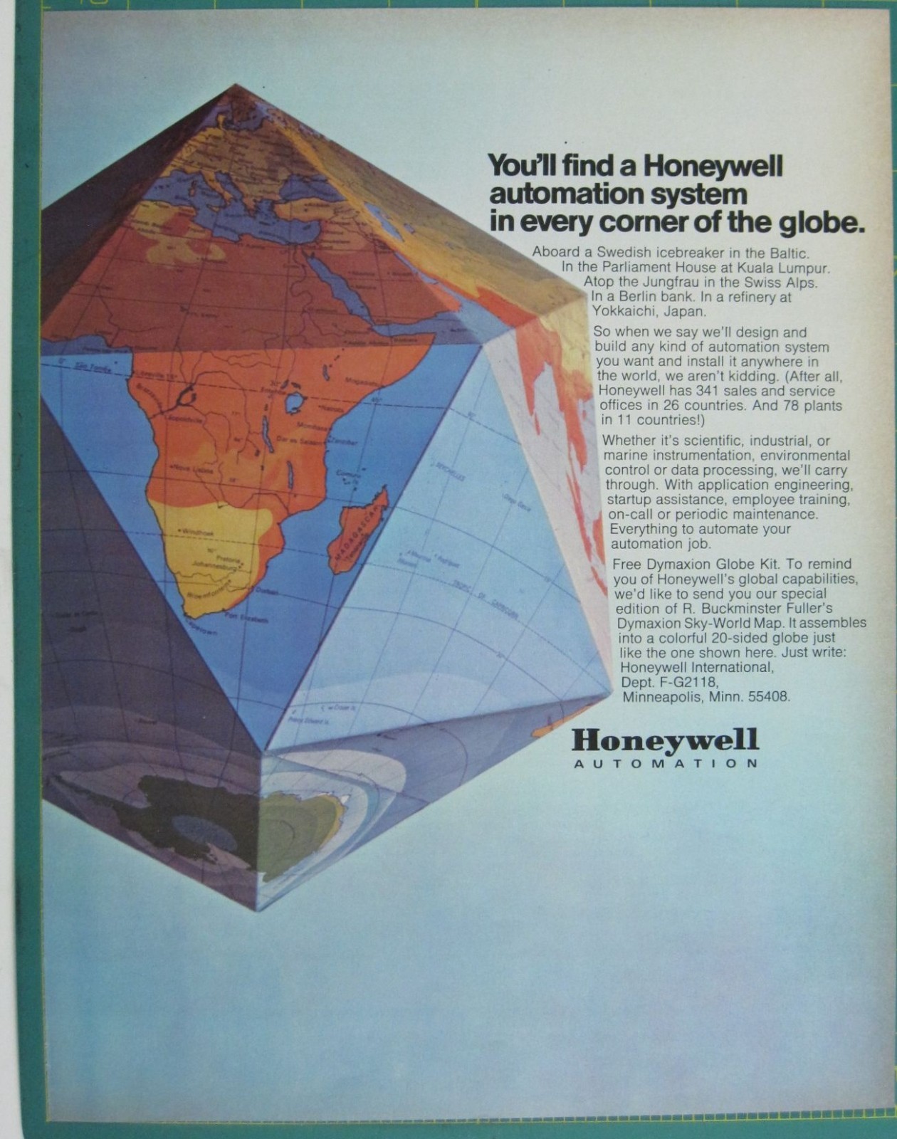 Print Ad Honeywell Automation System Global Solutions Dymaxion Globe Kit 1960s