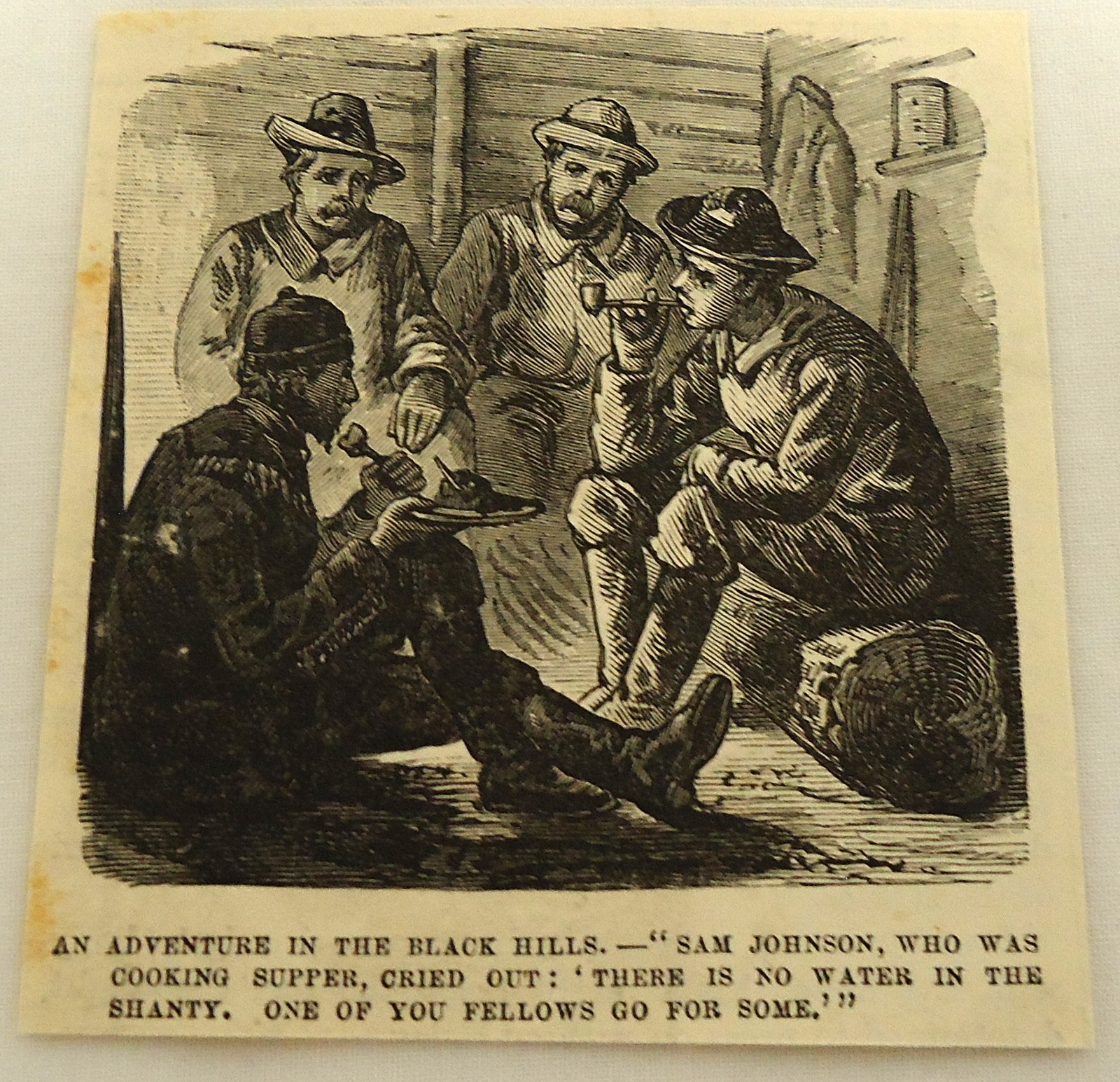 small 1879 magazine engraving ~ MEN IN A CABIN ~ The Black Hills, SOUTH DAKOTA 