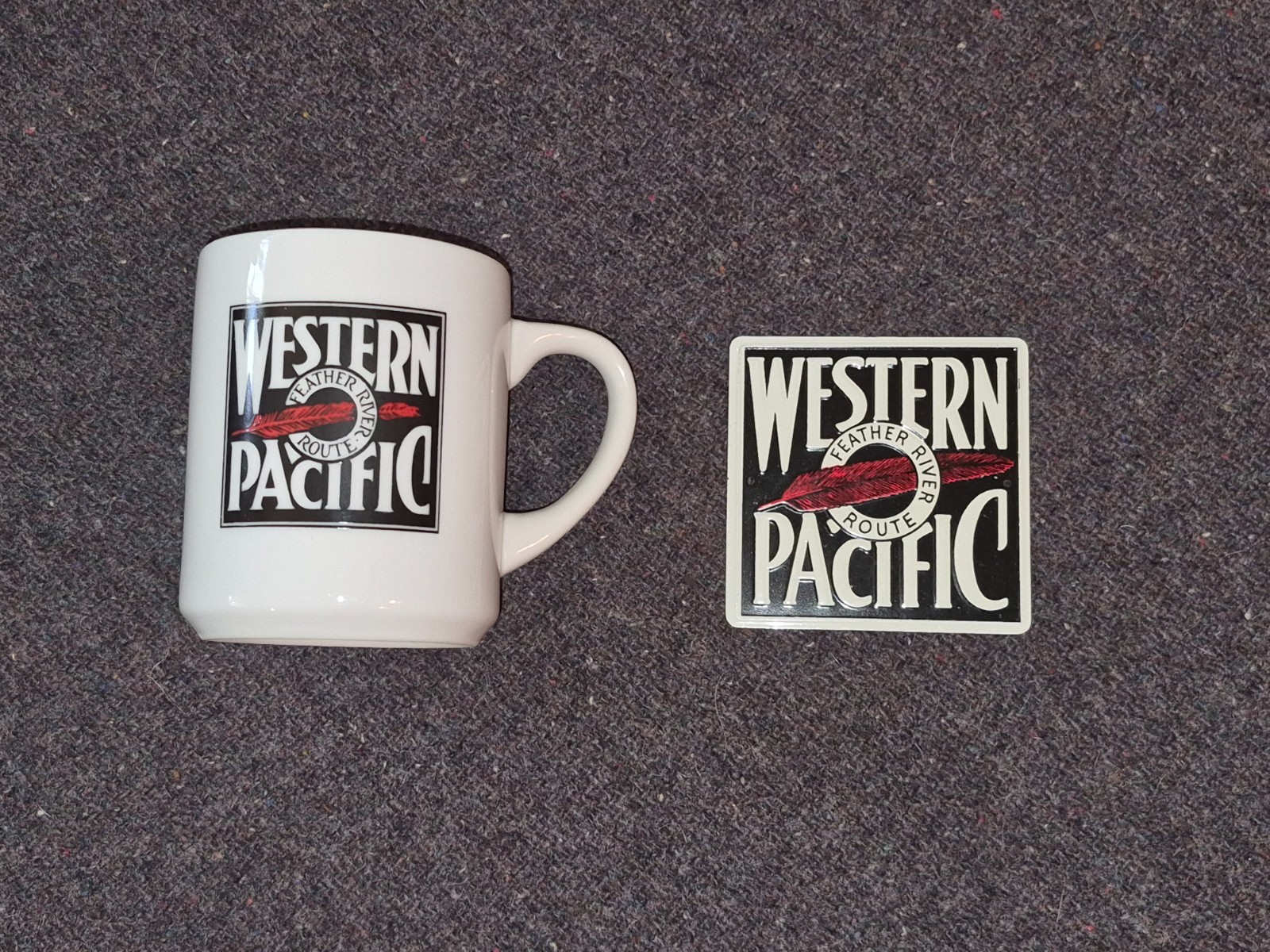Vintage Western Pacific Railway Ceramic Coffee Mug and Tin Sign Set