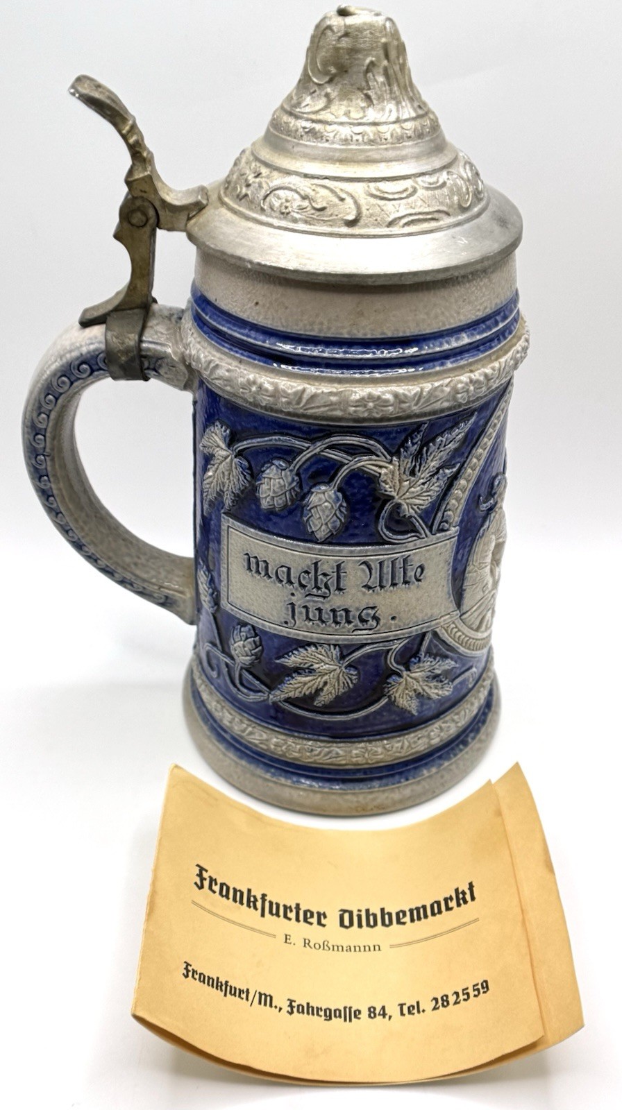 Vintage German Beer Stein Pewter Lid Blue Stoneware Gerz 1564 Germany