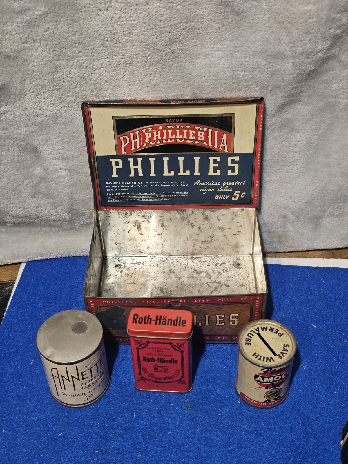 Vintage Advertising Lot Phillies Cigar Display Tin Roth Handle Amoco Oil Annette
