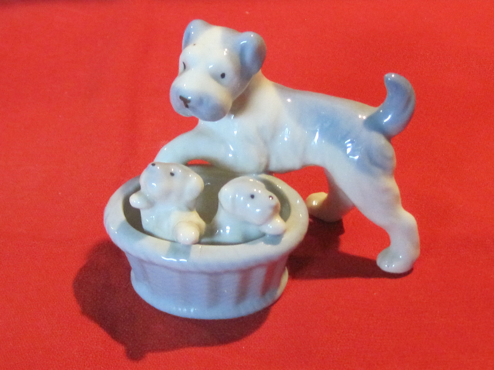 Vintage porcelain blue puppy dogs mother & pups in basket, Japan