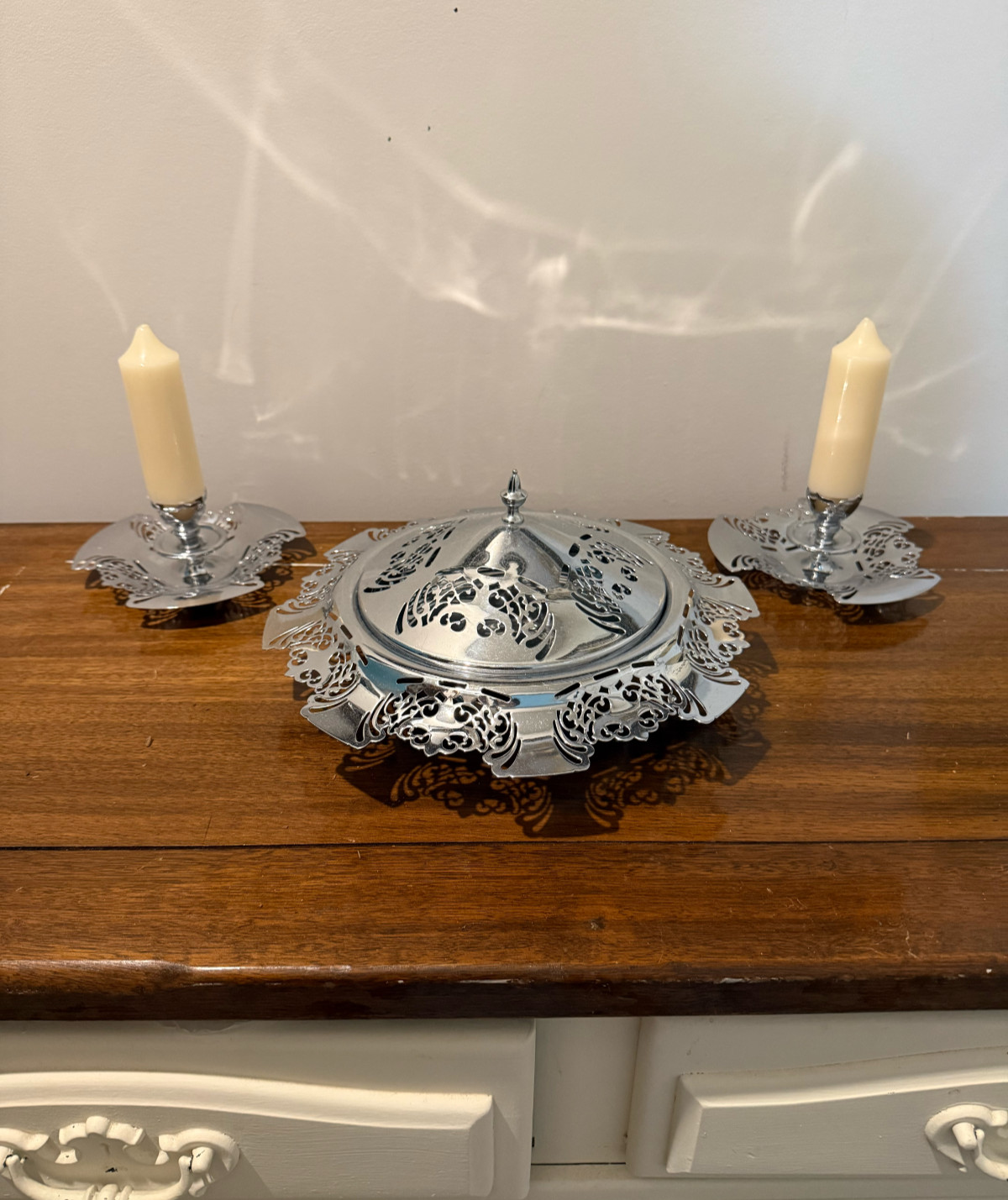 Vintage Farber Brothers Krome Kraft Covered Dish and Candle Holders Filigree MCM