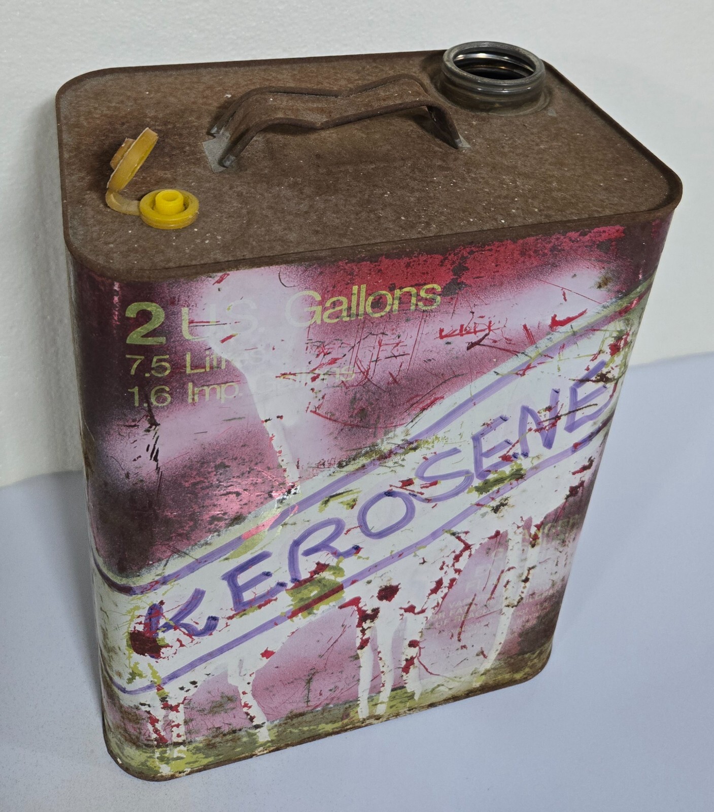 VTG Metal Gas Can H/P Automotive 2 Gal w/ Vent Rusty Painted Pre-Ban No Lid USA