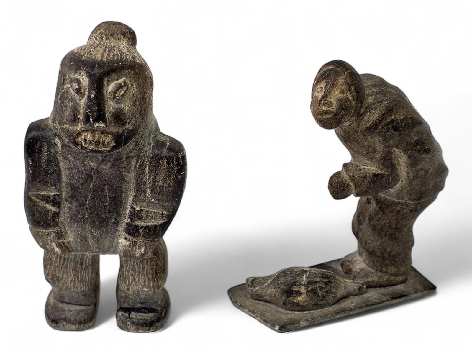 Lot 2 Canadian Inuit Carved Soapstone Figures Hunter Warrior Signed Carvings