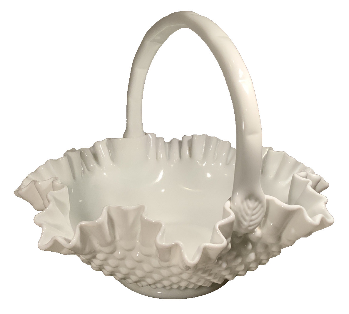 Fenton Ruffled Hobnail Milk Glass Handled Basket Bowl ~ Vintage ~ 11.5 x 10