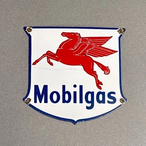 VINTAGE 13” MOBIL PEGASUS SHIELD PORCELAIN SIGN CAR GAS TRUCK OIL MOTORCYCLE