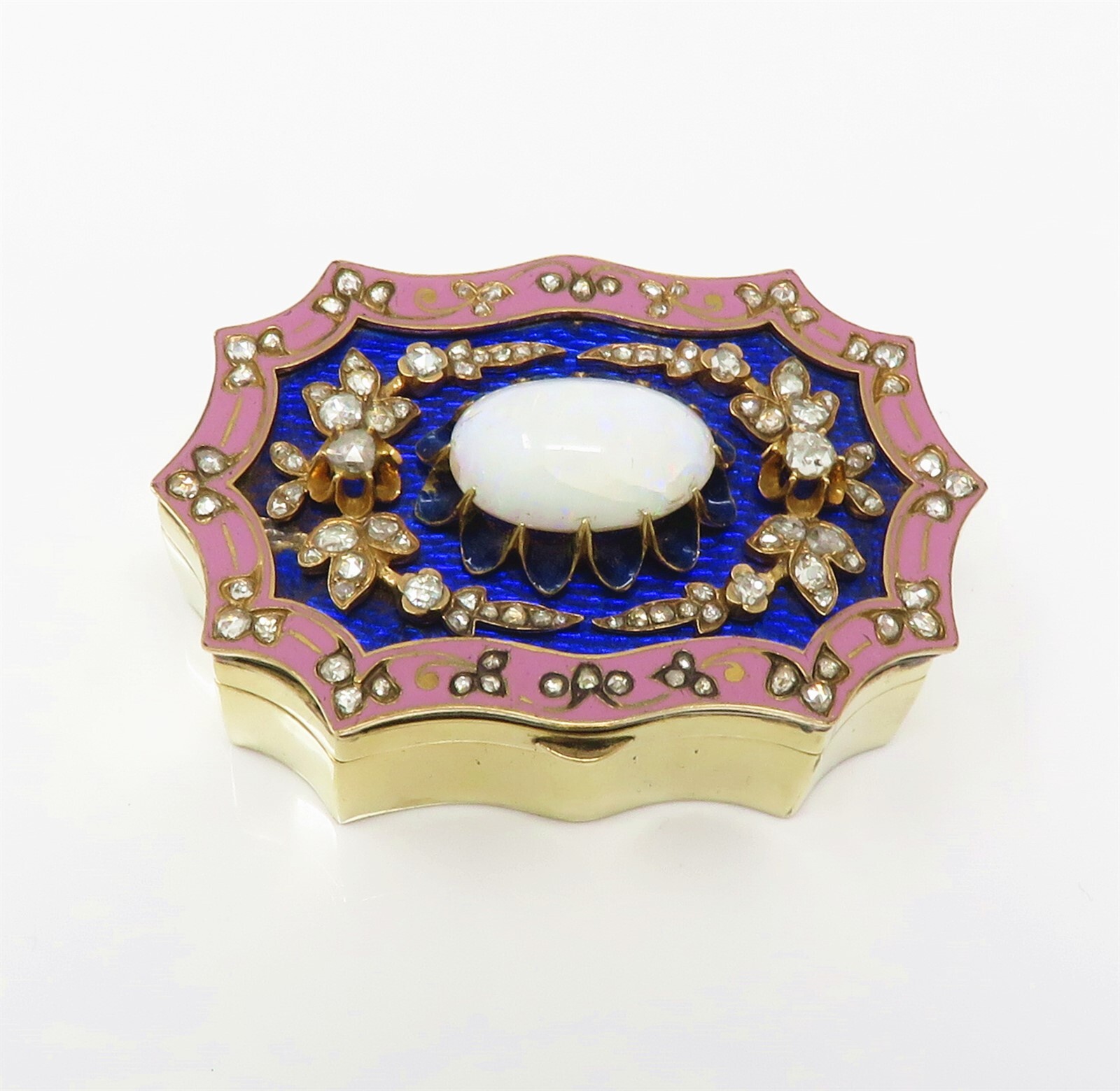 NYJEWEL Antique 14k Gold Opal 3ct Rose Cut Diamond Enamel snuff box pill box