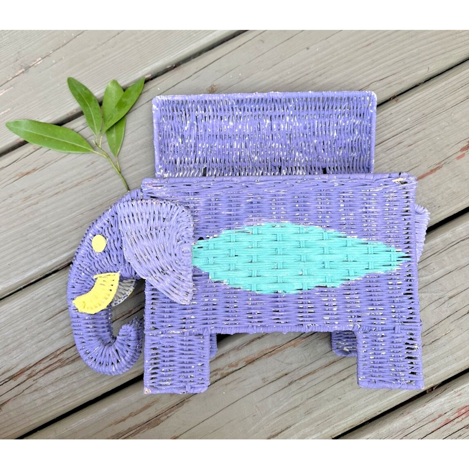 Vintage Wicker Rattan Elephant Box Storage Basket Lavender Yellow Unique 12x9x4” Vintage Wicker Rattan Elephant Box Storage Basket Lavender Yellow Unique 12x9x4”