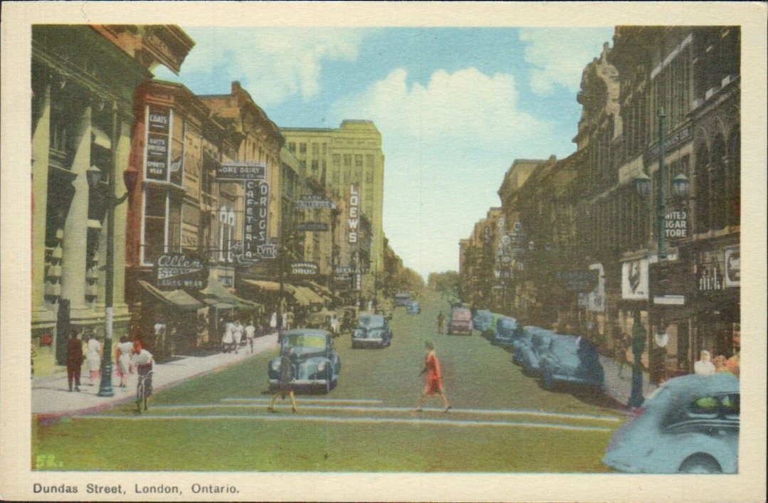London Ontario - Dundas Street with 1940s cars - Antique Postcard - circa 1945 London Ontario - Dundas Street with 1940s cars - Antique Postcard - circa 1945