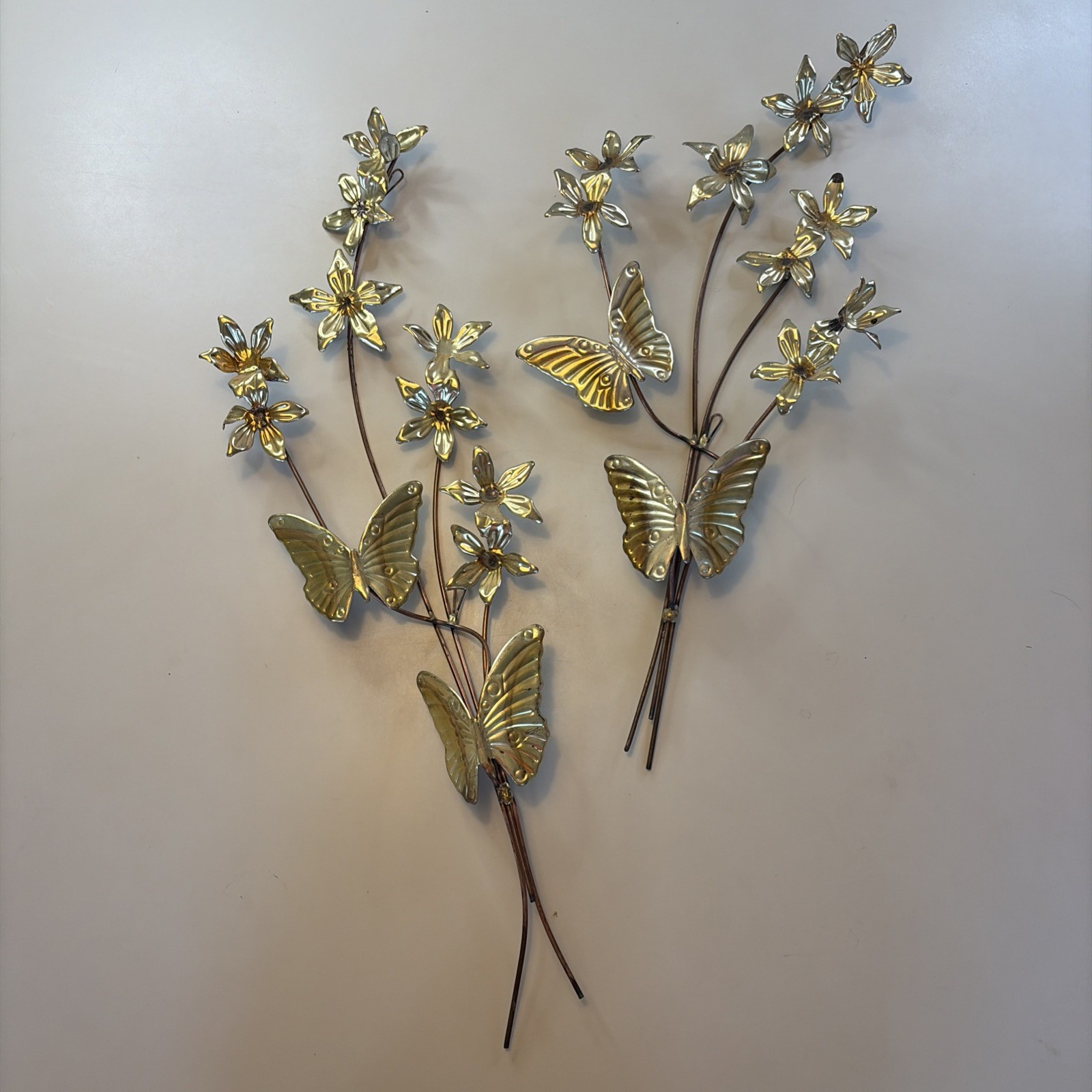 Vintage Mid Century Homco Metal Butterfly & Flower Wall Decor Set - Pair 1970s