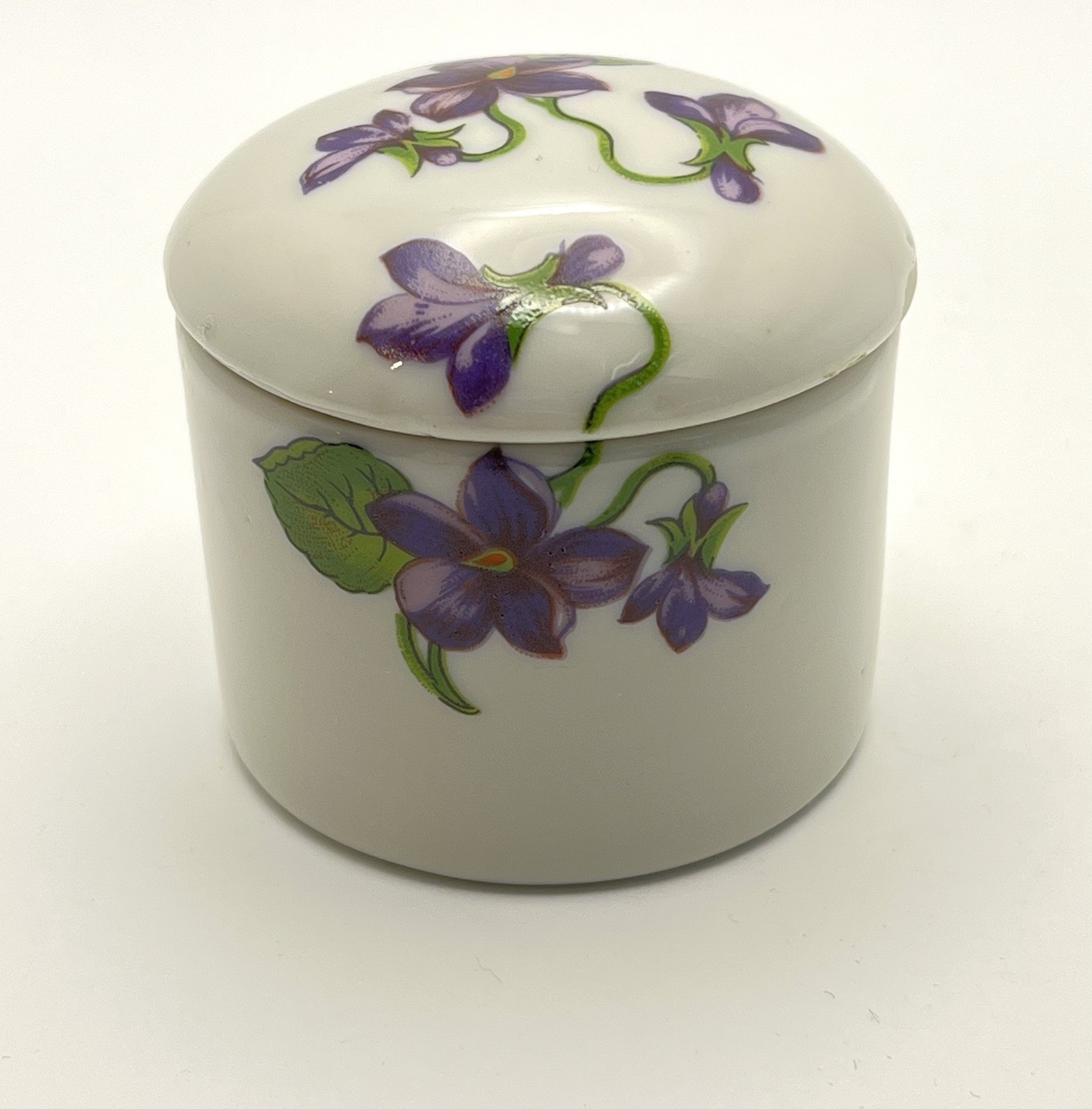 Vintage Purple Violet Round Porcelain Trinket Box Vintage Purple Violet Round Porcelain Trinket Box