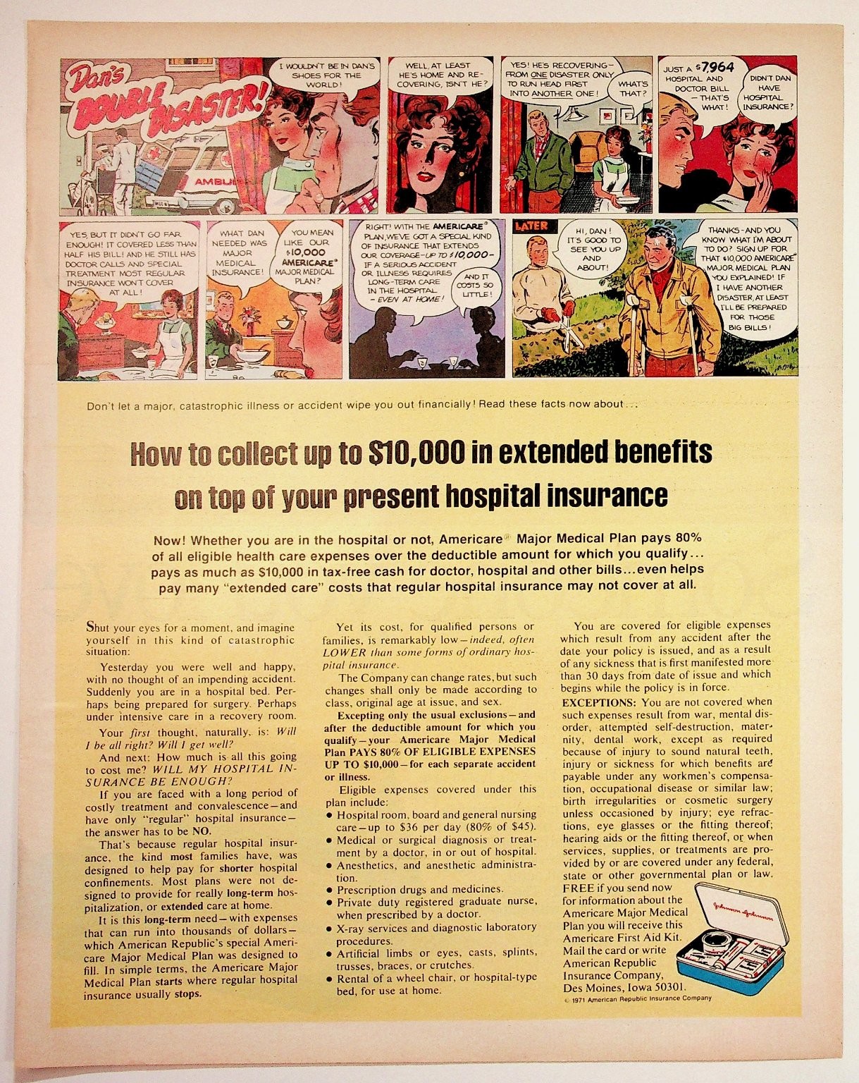 1971 Americare Major Medical Insurance Vintage Comic Strip Ad Ephemera