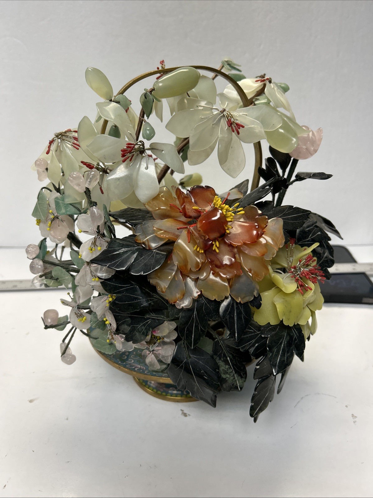 MID CENTURY CARVED JADE AGATE BONSAI FLOWER TREE Very Beautiful