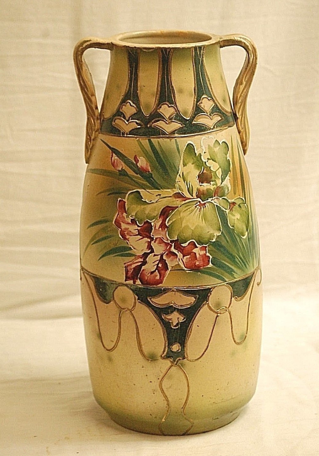 Stoneware Art Pottery Leaf Handled Floral Vase Gold Tone Accents