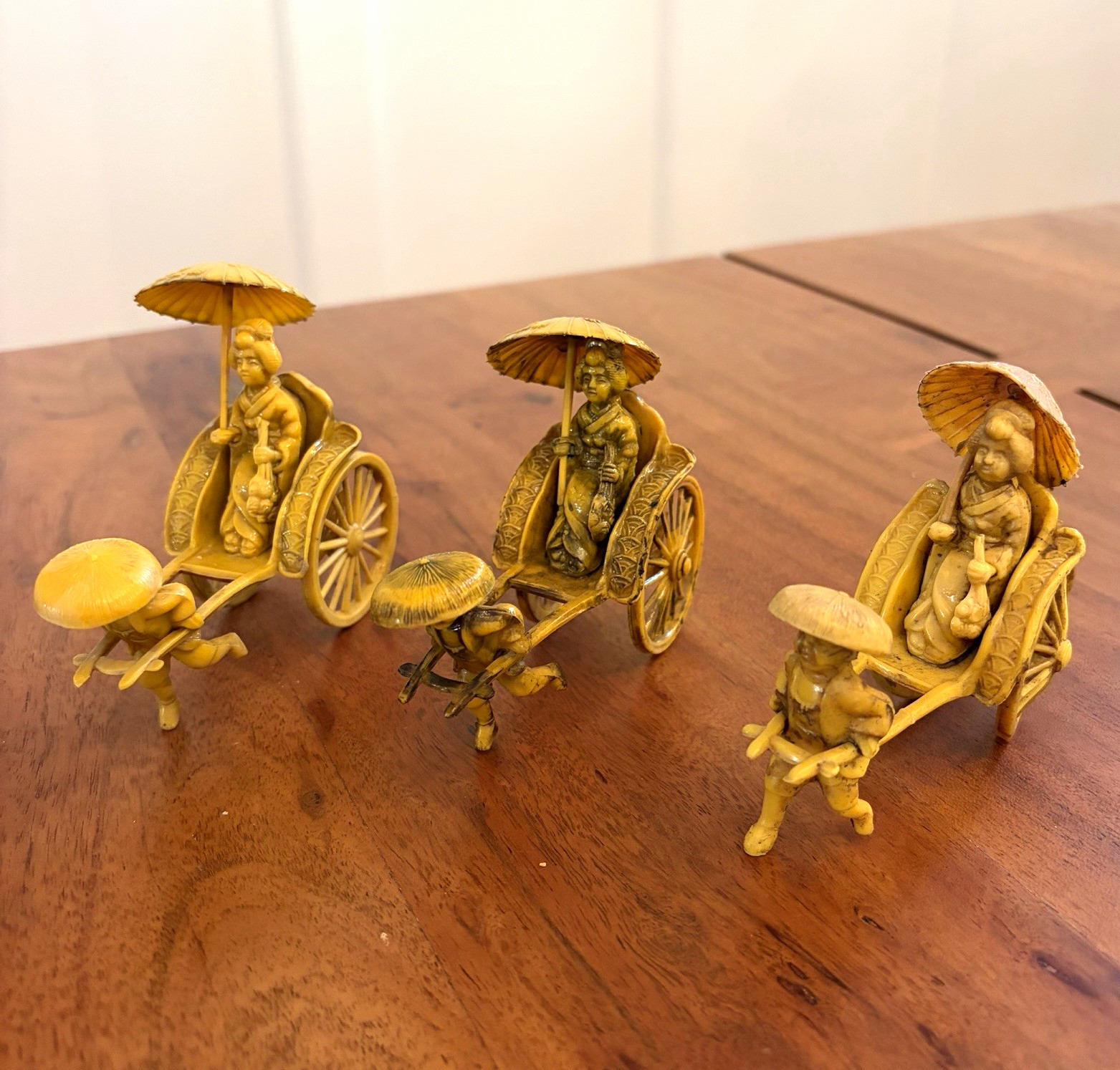 Vintage Celluloid Japanese Rickshaw Figurine Lot of 3 Geisha Parasol Mini 1940s