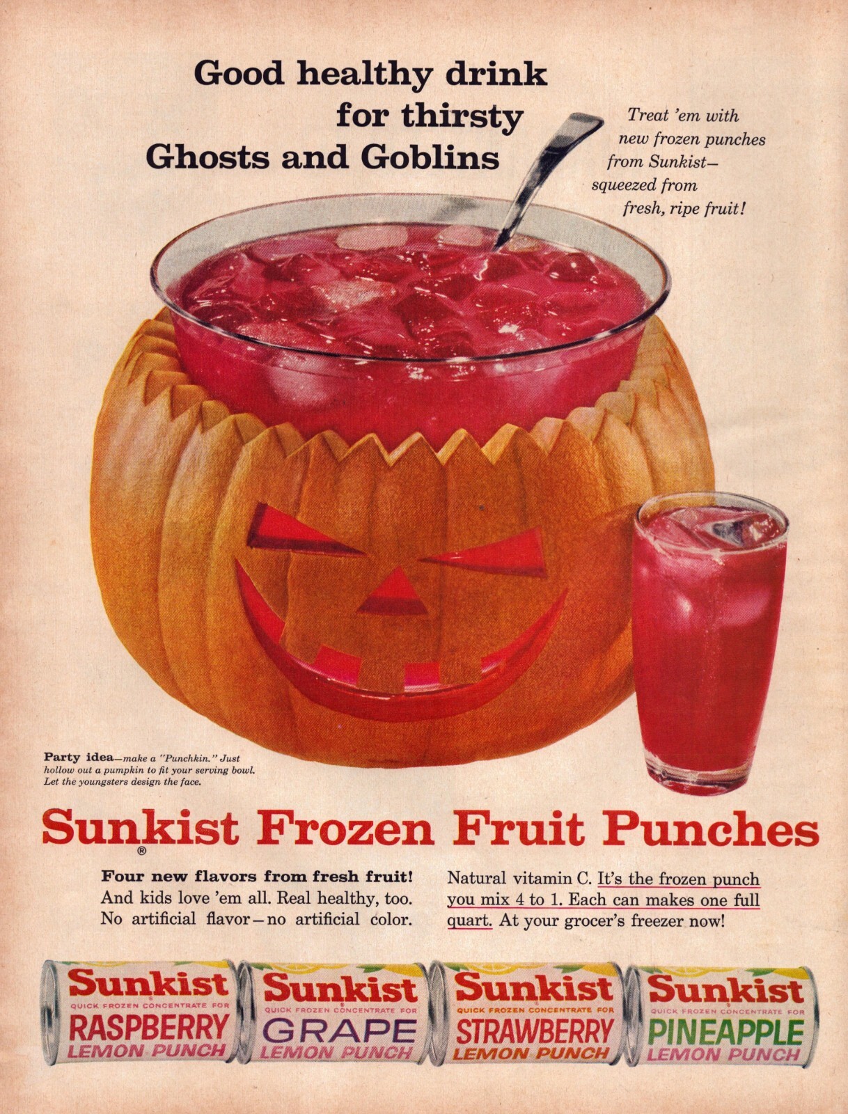 1960 Sunkist Halloween Fruit Punch Print Ad Jack O\'Lantern Bowl Ghosts Goblins
