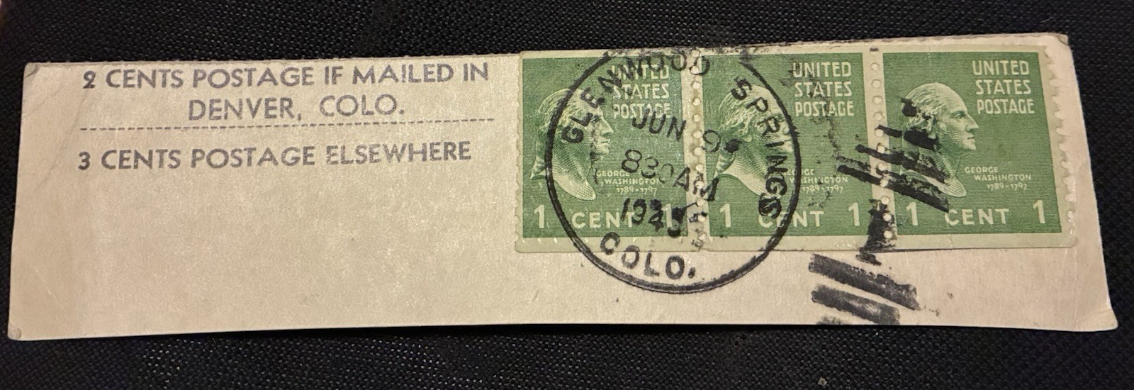 WW II postal history USA Postmark Cover Piece w/ 3x 1 Cent Green Stamps Cancel