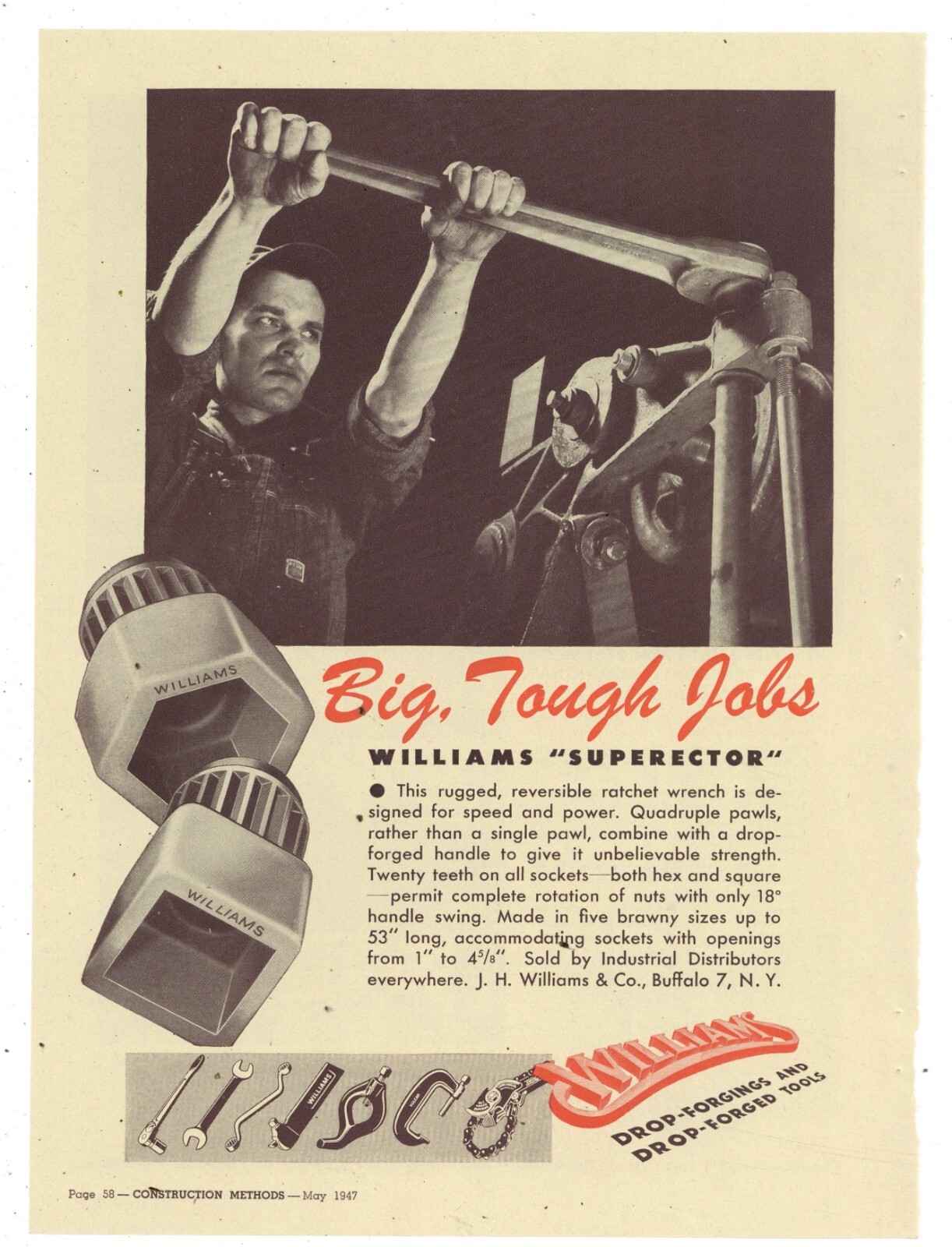 1947 J.H. Williams & Co. of Buffalo, New York Ad: Superector Drop Forged Tools