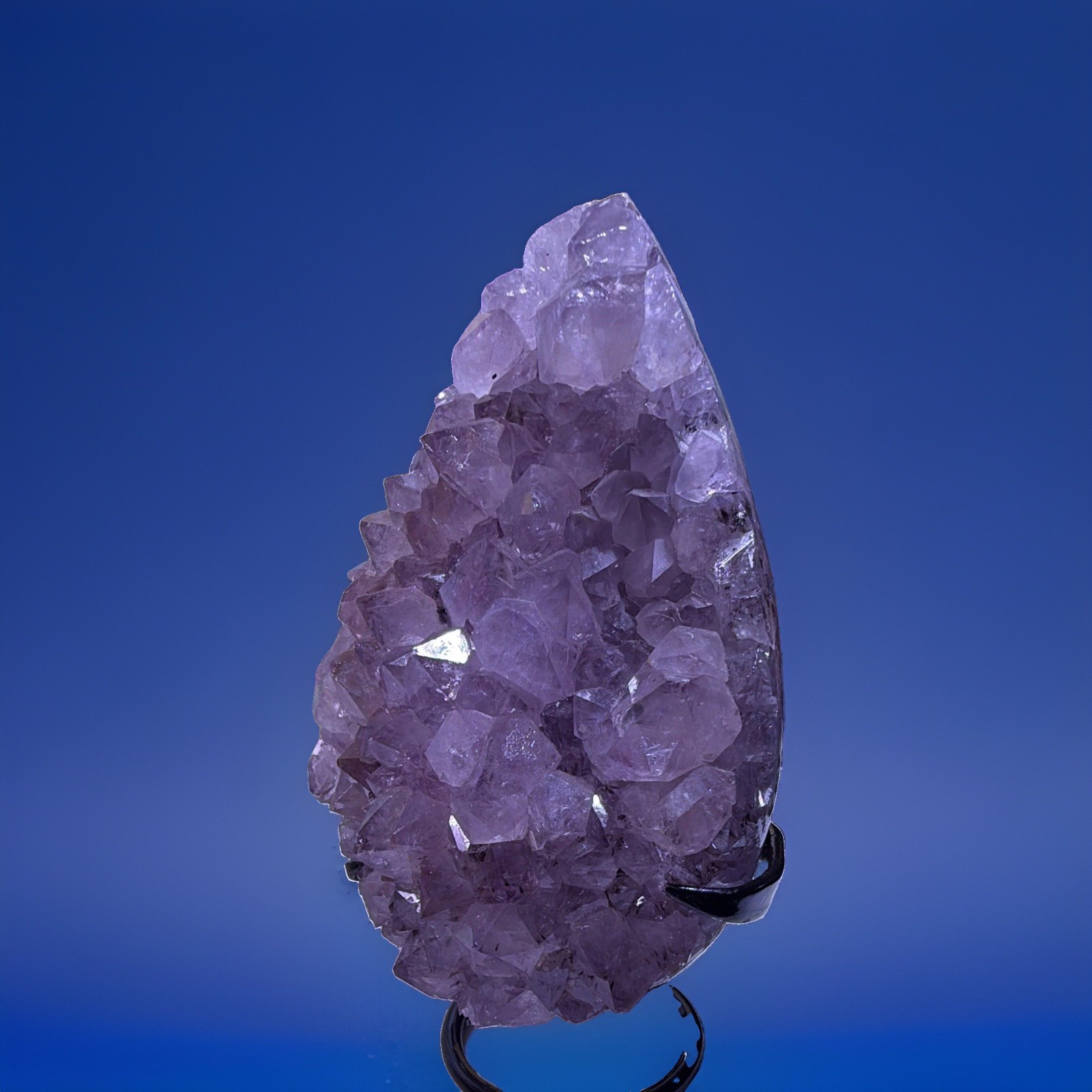 Purple Amethyst Crystal Cluster Geode Display Specimen on Black Metal Stand