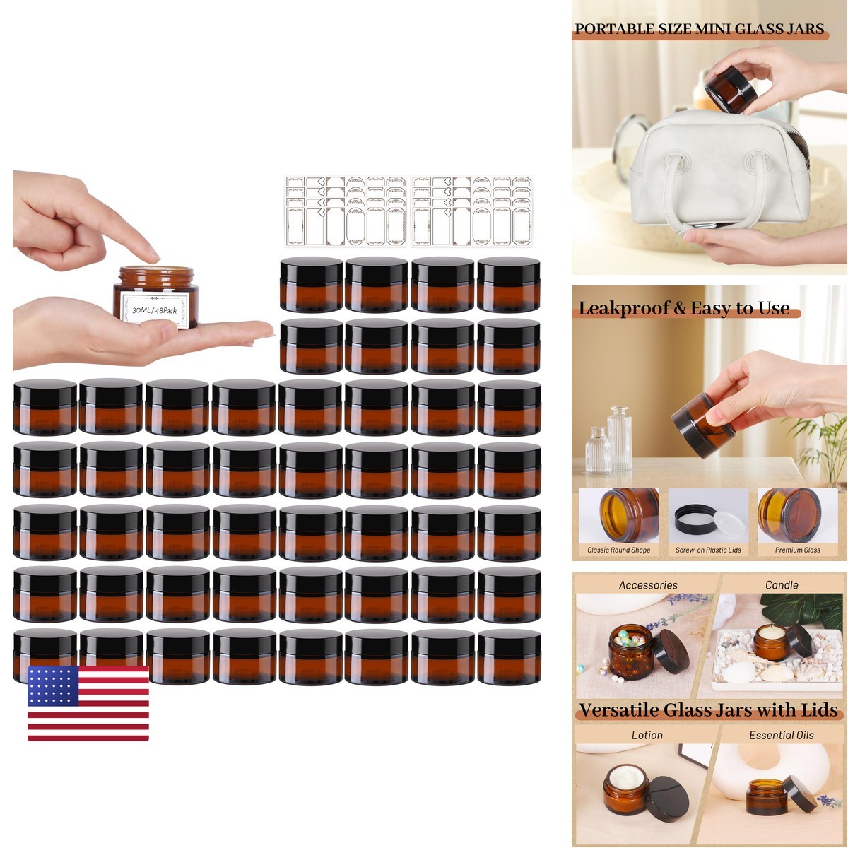 AuroTrends 1 oz Amber Glass Jars 48-Pack with Lids, UV Protection AuroTrends 1 oz Amber Glass Jars 48-Pack with Lids, UV Protection