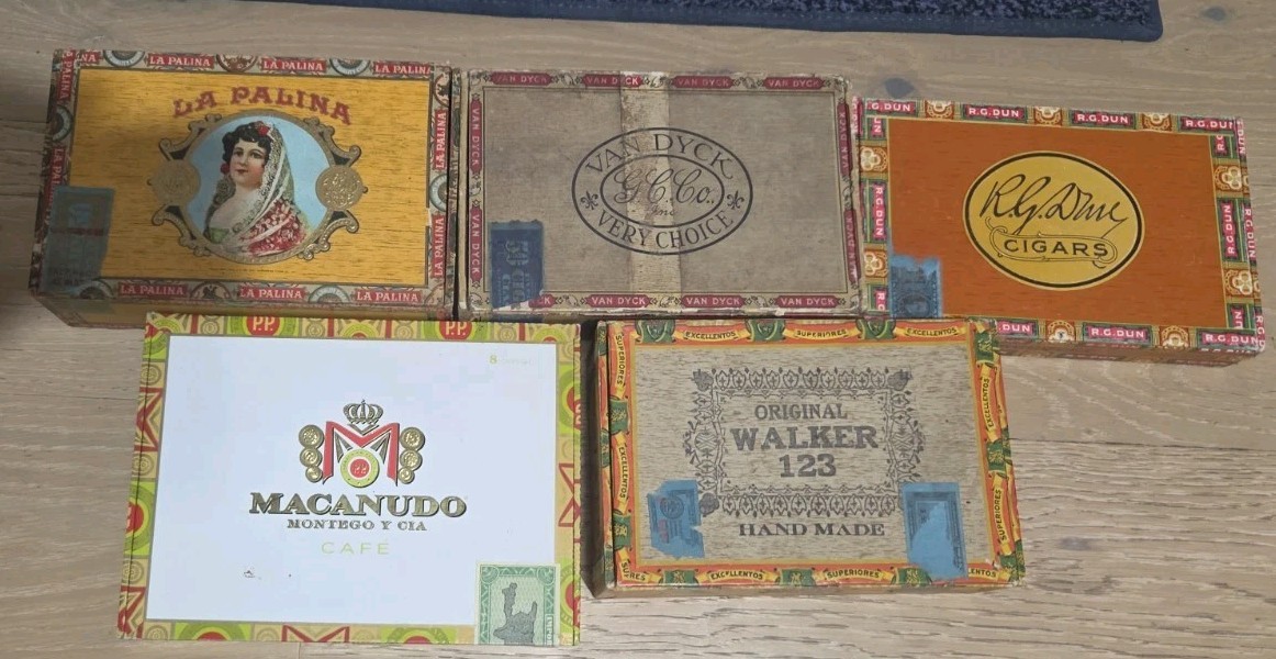 *WOW* LOT OF 5 Vintage Wood Cigar Boxes Various Brands See All Photos With Stamp