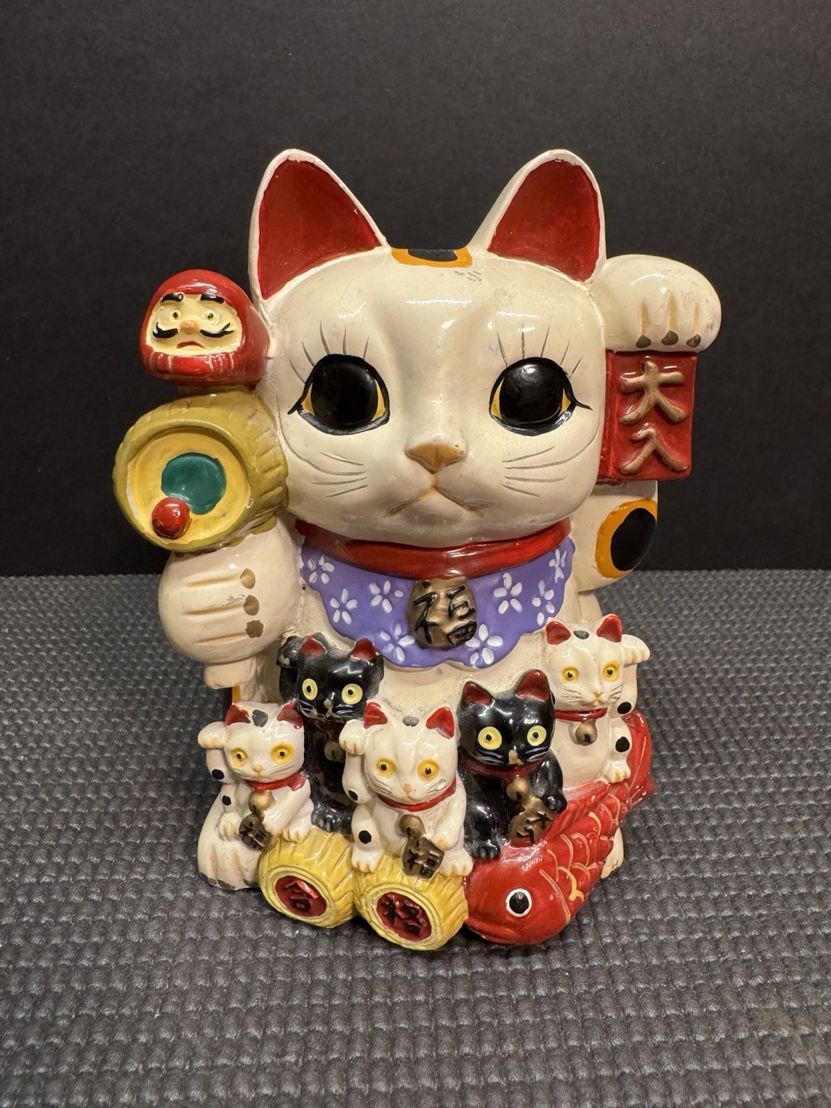 Vintage Japanese Pottery Mancki Neko Good Luck Fortune Coin Bank W/ Stopper 7.5H