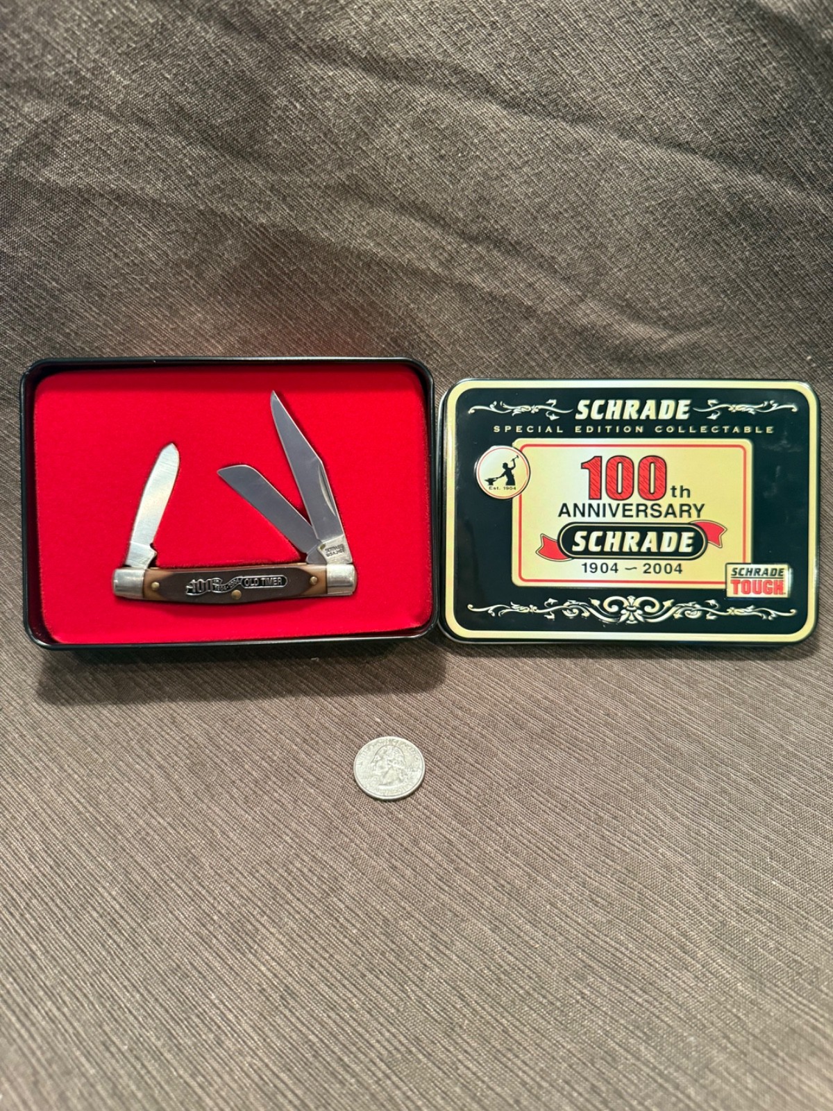 Schrade USA 34OT Old Timer Stockman 100th Anniversary 1904-2004 Knife & Tin
