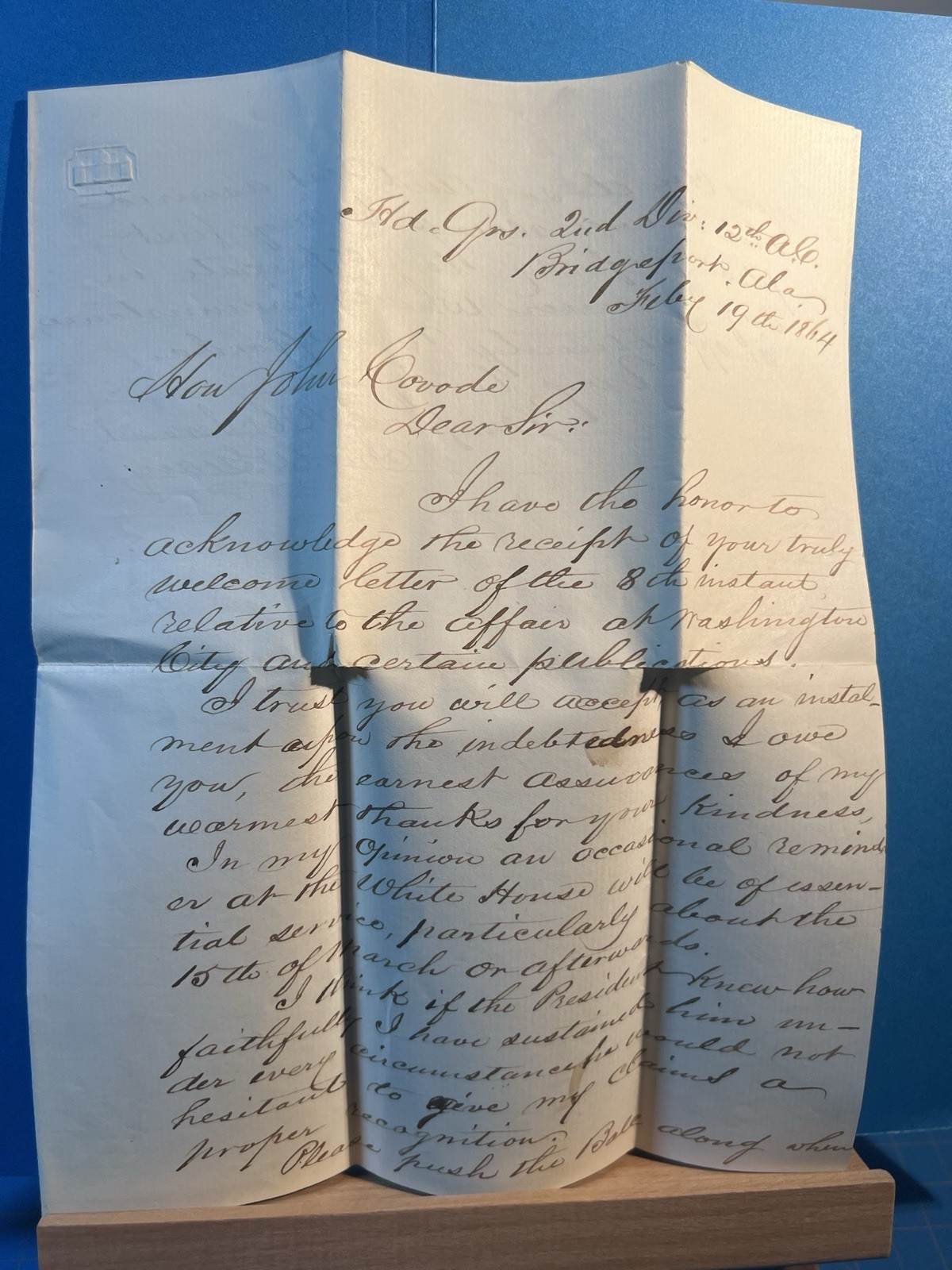 1864 Civil War letter from Brigadier General John White Geary to Hon John Covode