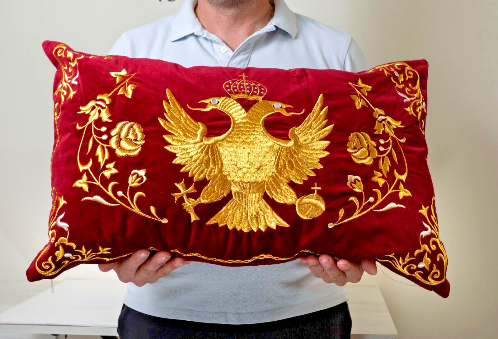 Handmade  Big pillow cover made of velvet fabric in ecclesiastical Red.
