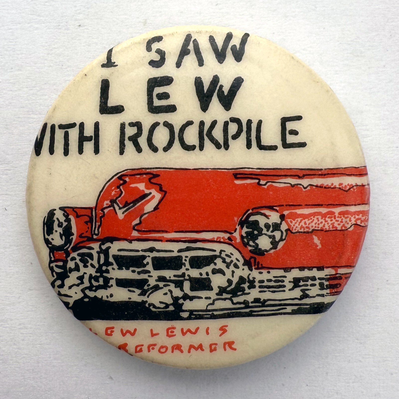 Vintage 70s I SAW LEW LEWIS REFORMER WITH ROCKPILE promo pin Stiff button badge Vintage 70s I SAW LEW LEWIS REFORMER WITH ROCKPILE promo pin Stiff button badge