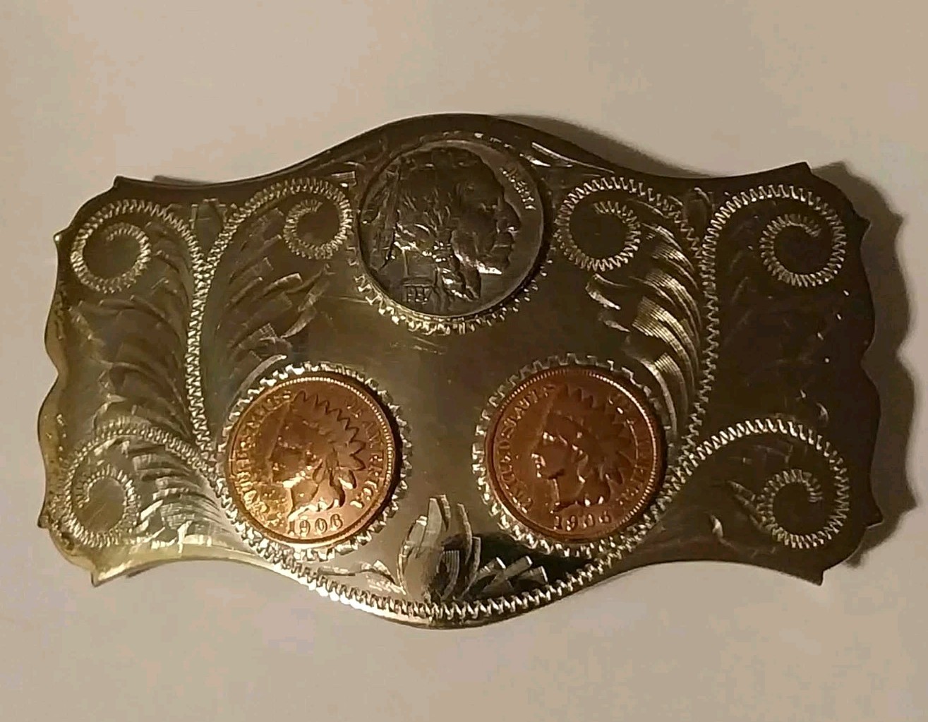 Comstock Silversmiths German Silver Western Americana Belt Buckle Coin Inlays