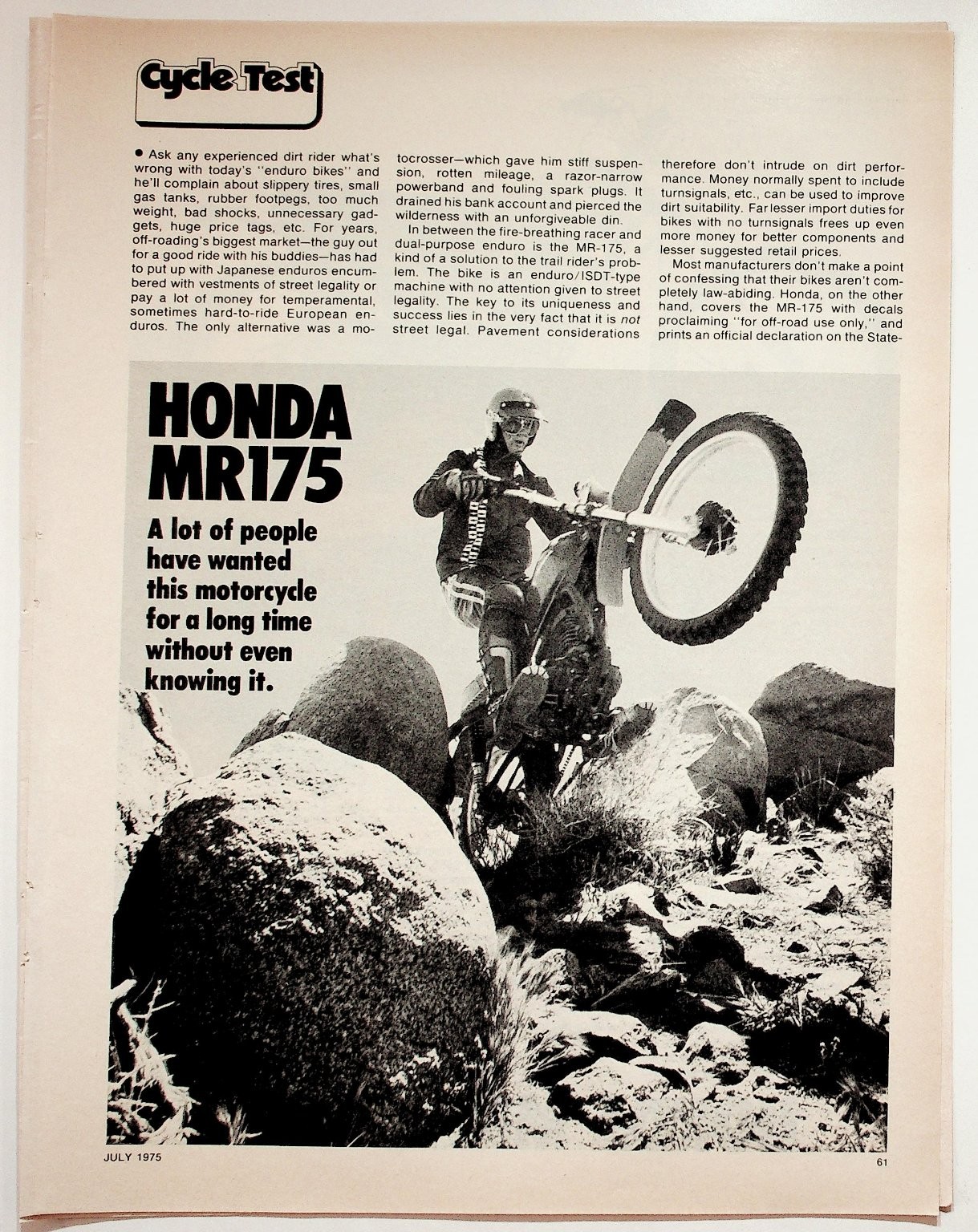 Honda MR175 Motorcycle July 1975 Vintage Magazine Print Article