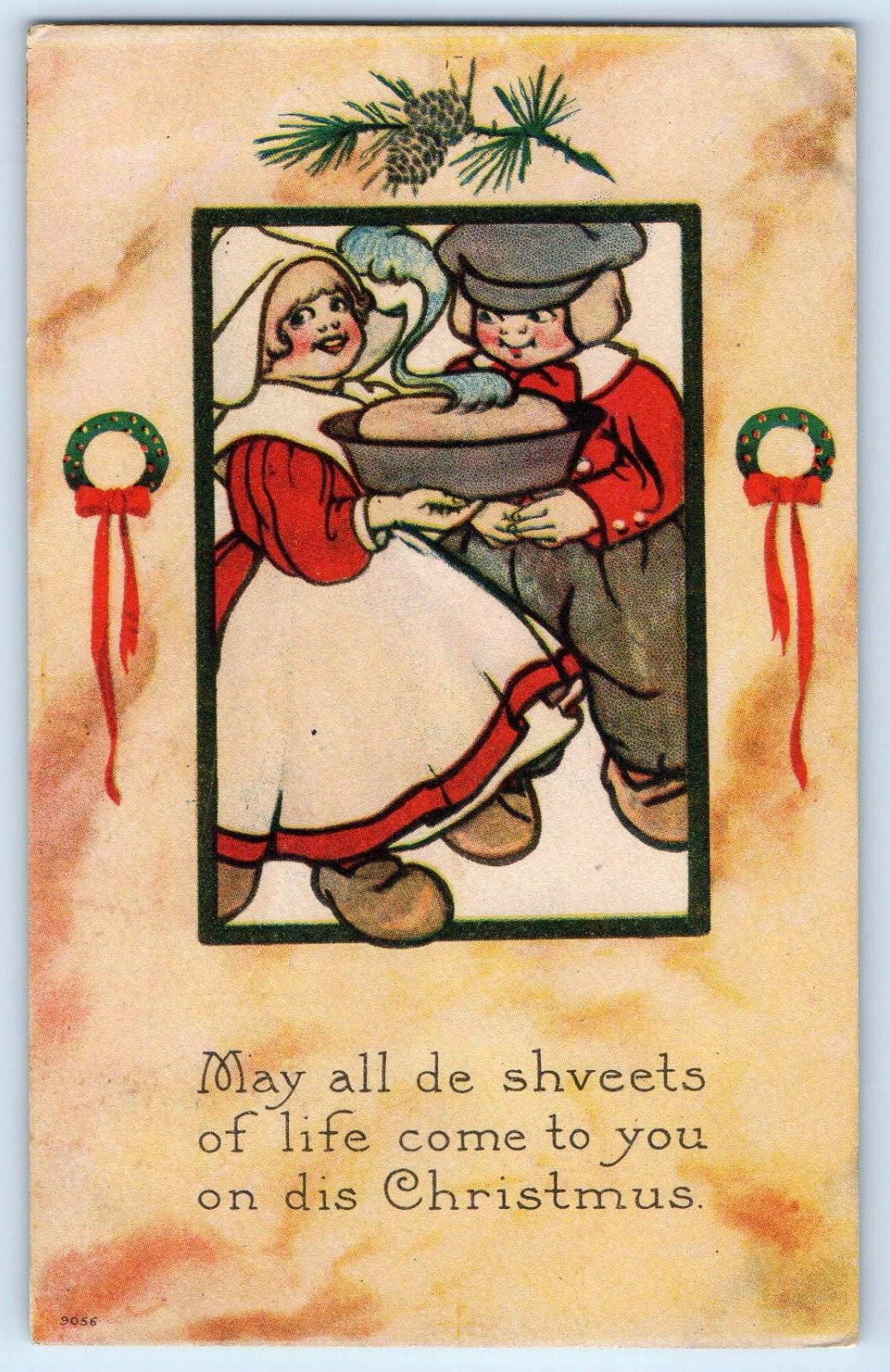 1915 Christmas Dutch Children With Plum Pudding Pinecone Antique Postcard