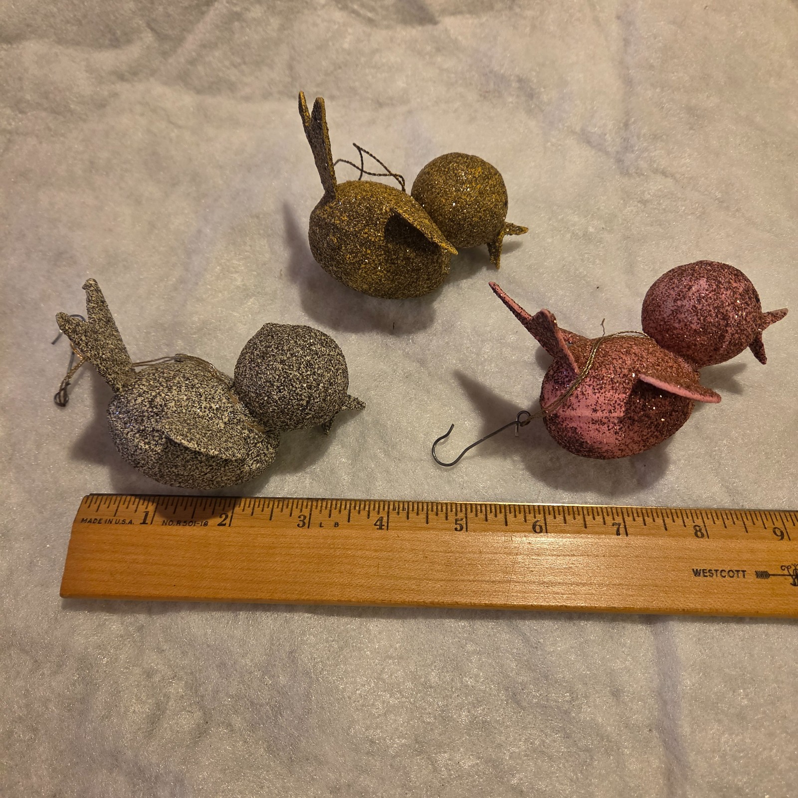 ​Vintage Sugared Bird Ornaments Lot of 3 Mica Glitter Pink Gold Silver Christmas