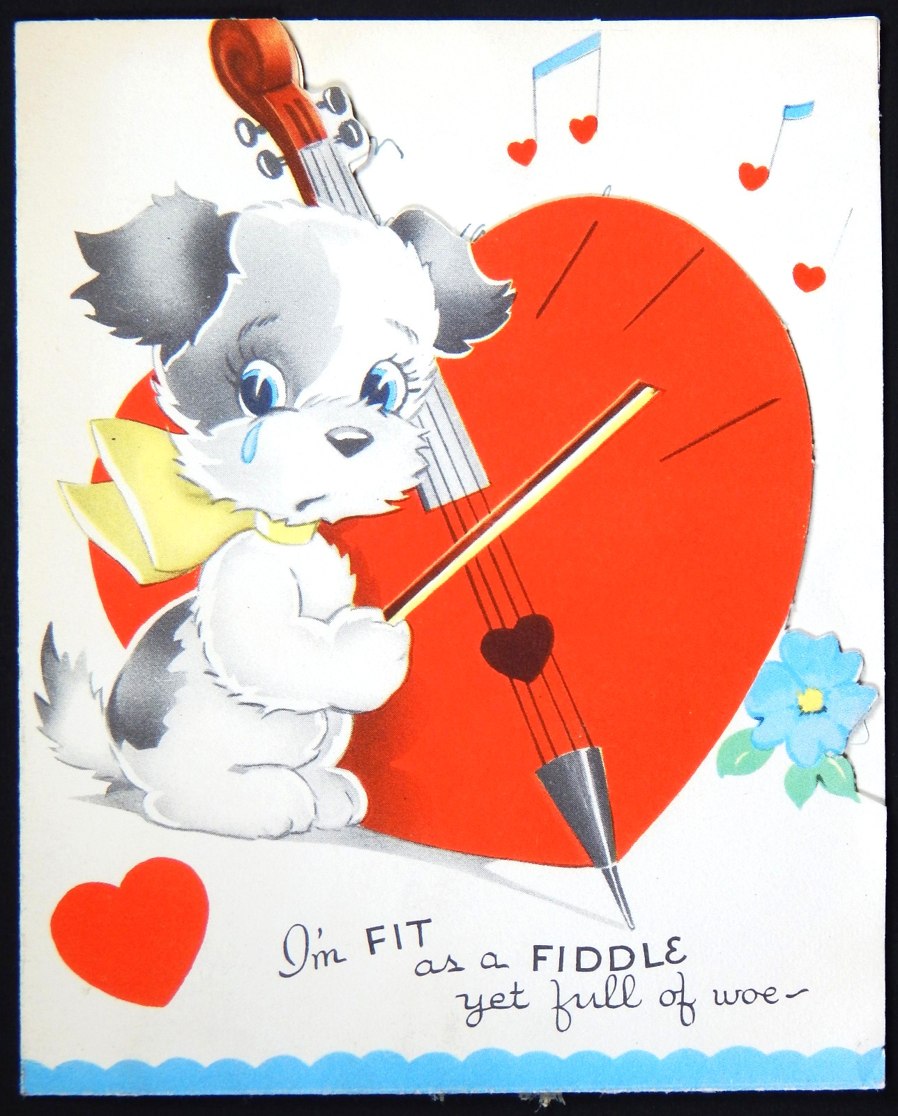 1930s VALENTINE CARD DOG PLAYING A FIDDLE VIOLIN ANTHROPOMORPHIC FOLD OUT VTG