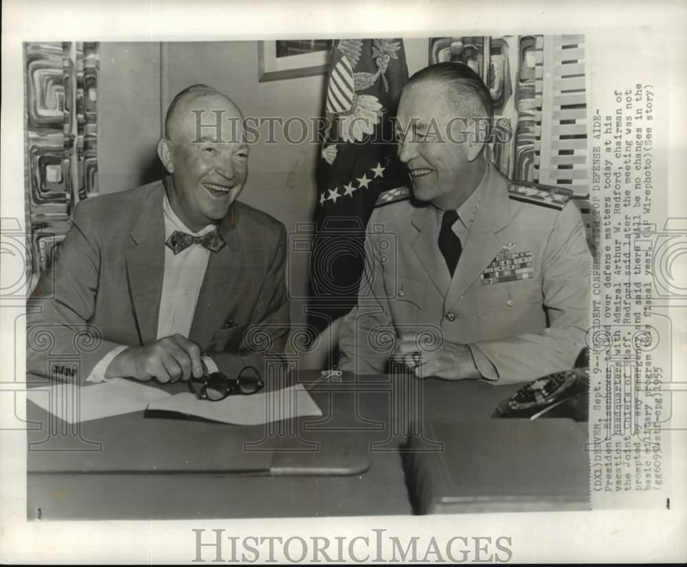 1955 Press Photo Pres Eisenhower Chats with Arthur Radford at His Headquarters