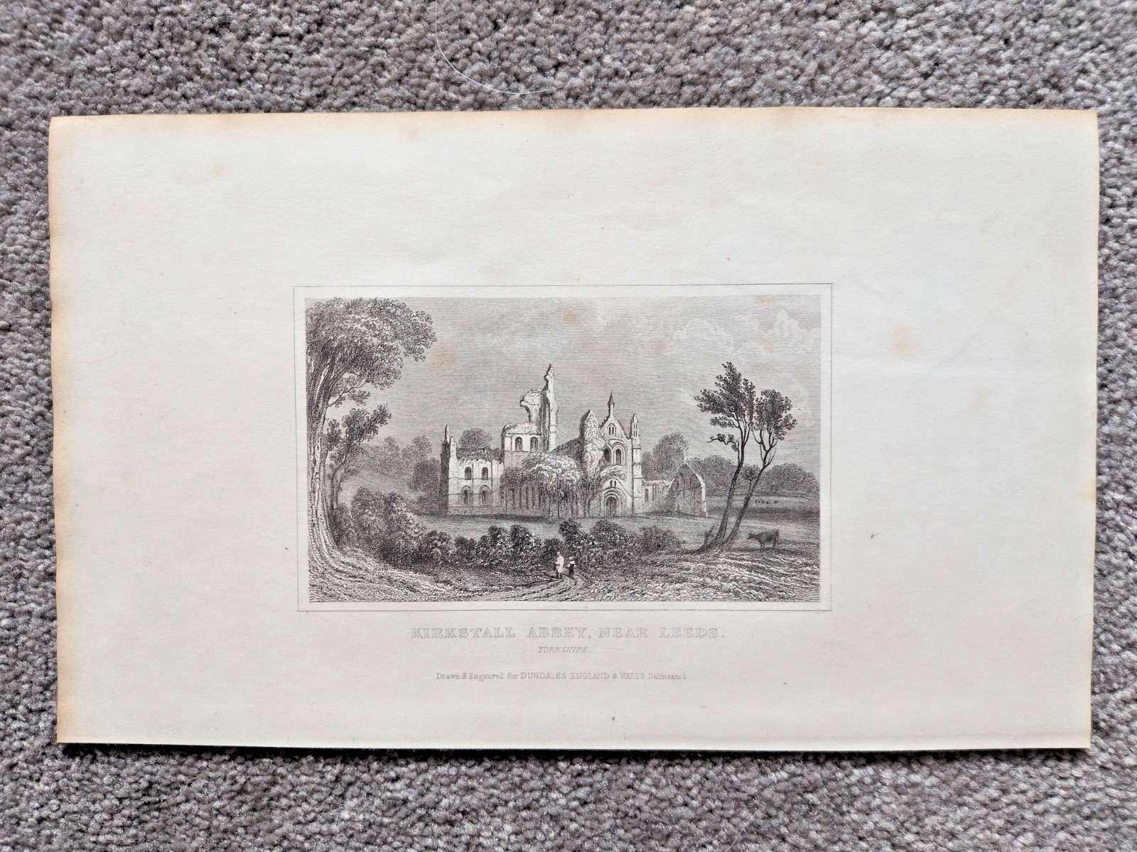 Kirkstall Abbey, Leeds - Antique Print - c1860 (Ref A4)