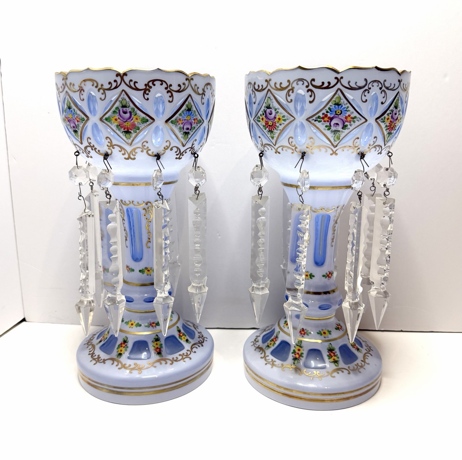 Antique Bohemian Czech Victorian Blue Opaline Glass Enamel Floral Lusters Pair