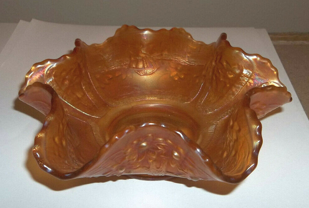 Antique Early 1900s Fenton Marigold Carnival Glass Sailboat/Floral Ruffle Bowl