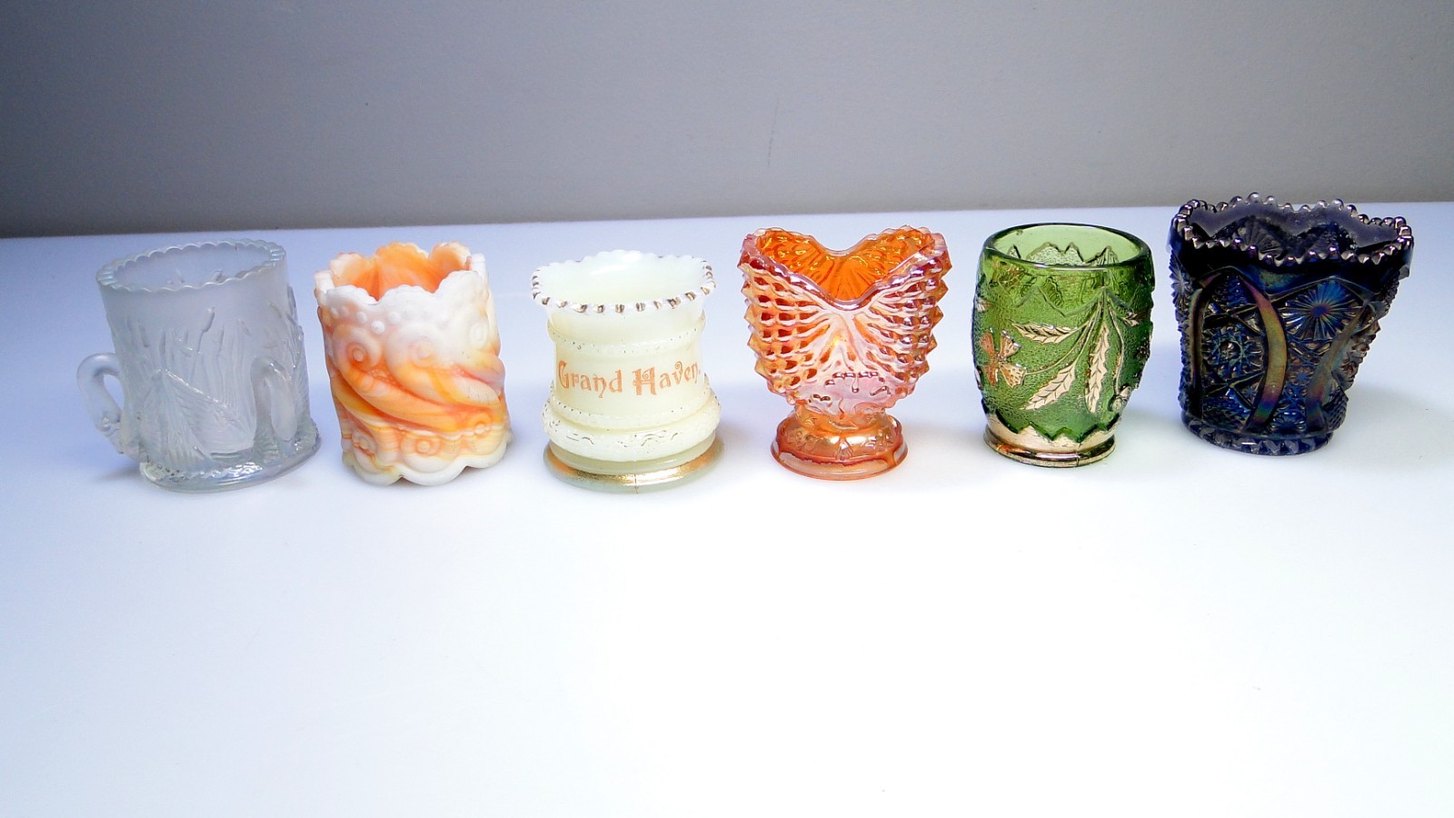 6 Vintage Patterned Glass Toothpick Holders Custard Slag Swan Fancy Holder Lot