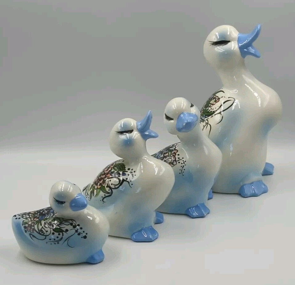 Vintage Hand Painted Ceramic Art Pottery Duck Figurines Set Of 4