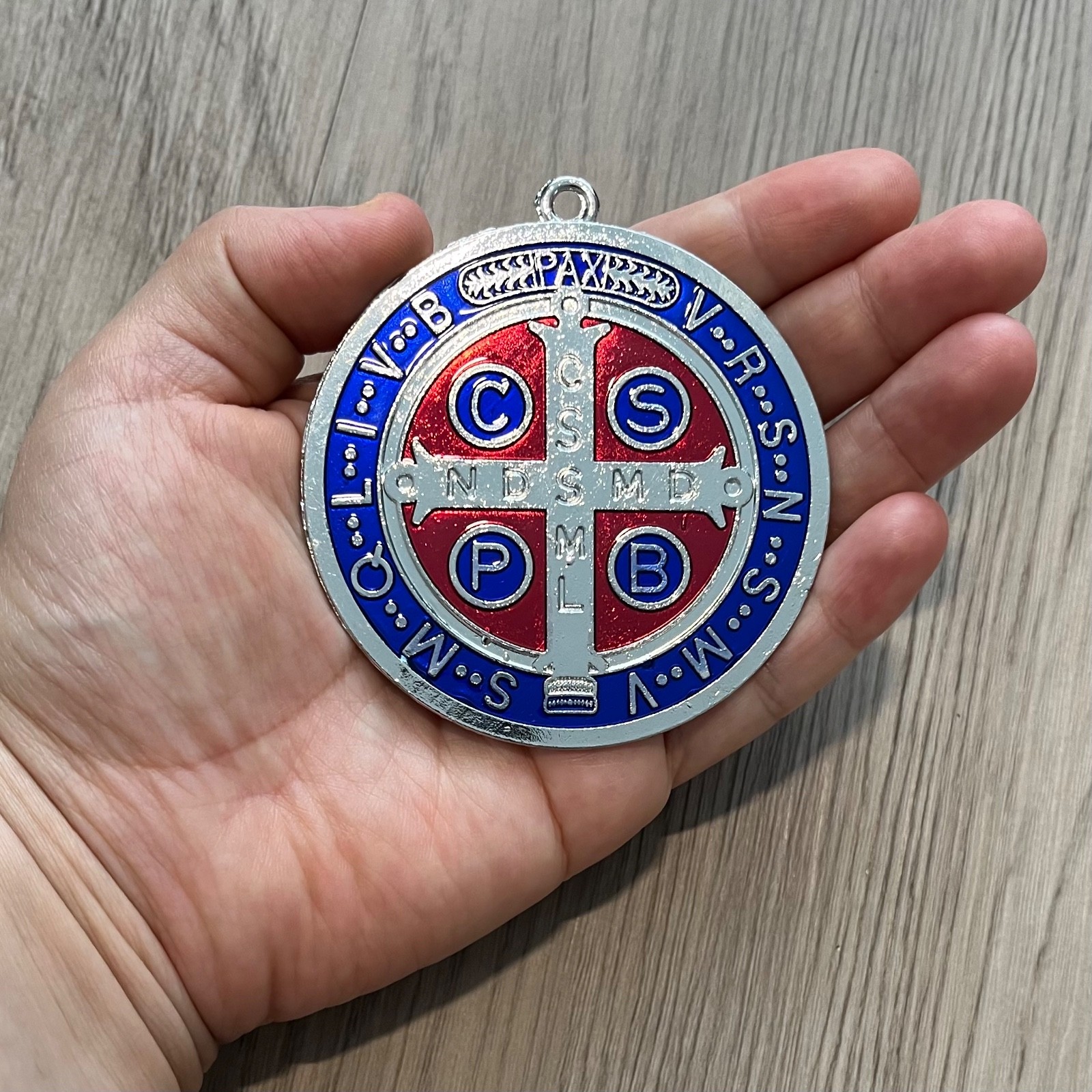 Catholic St Benedict 2.75” Medal Silver Blue Red Enamel Medalla San Benito